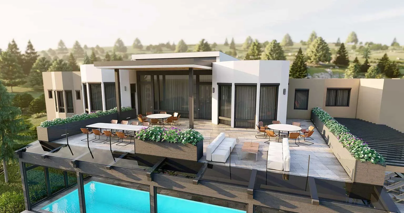 High-quality rendering of a modern home in the mountains built by Form 44 Construction surrounded by forest and showing a 2nd story deck with patio furniture and planter boxes above an indoor pool.