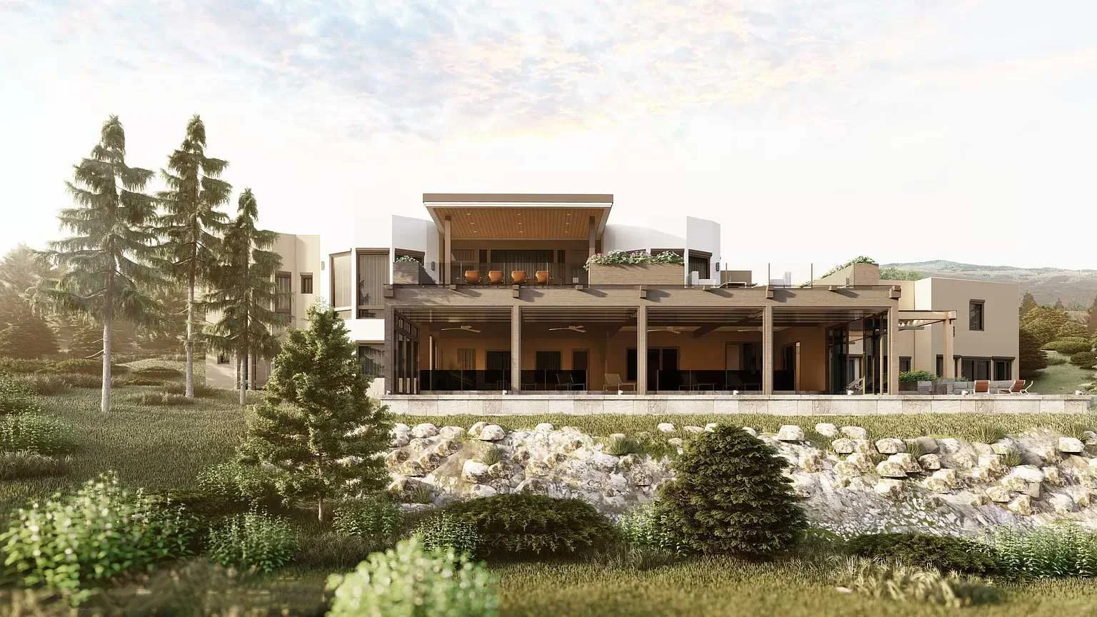 High-quality rendering of a modern home in the mountains built by Form 44 Construction surrounded by forest and showing the rear of the home including 2nd story deck above an enclosed pool at eye level.