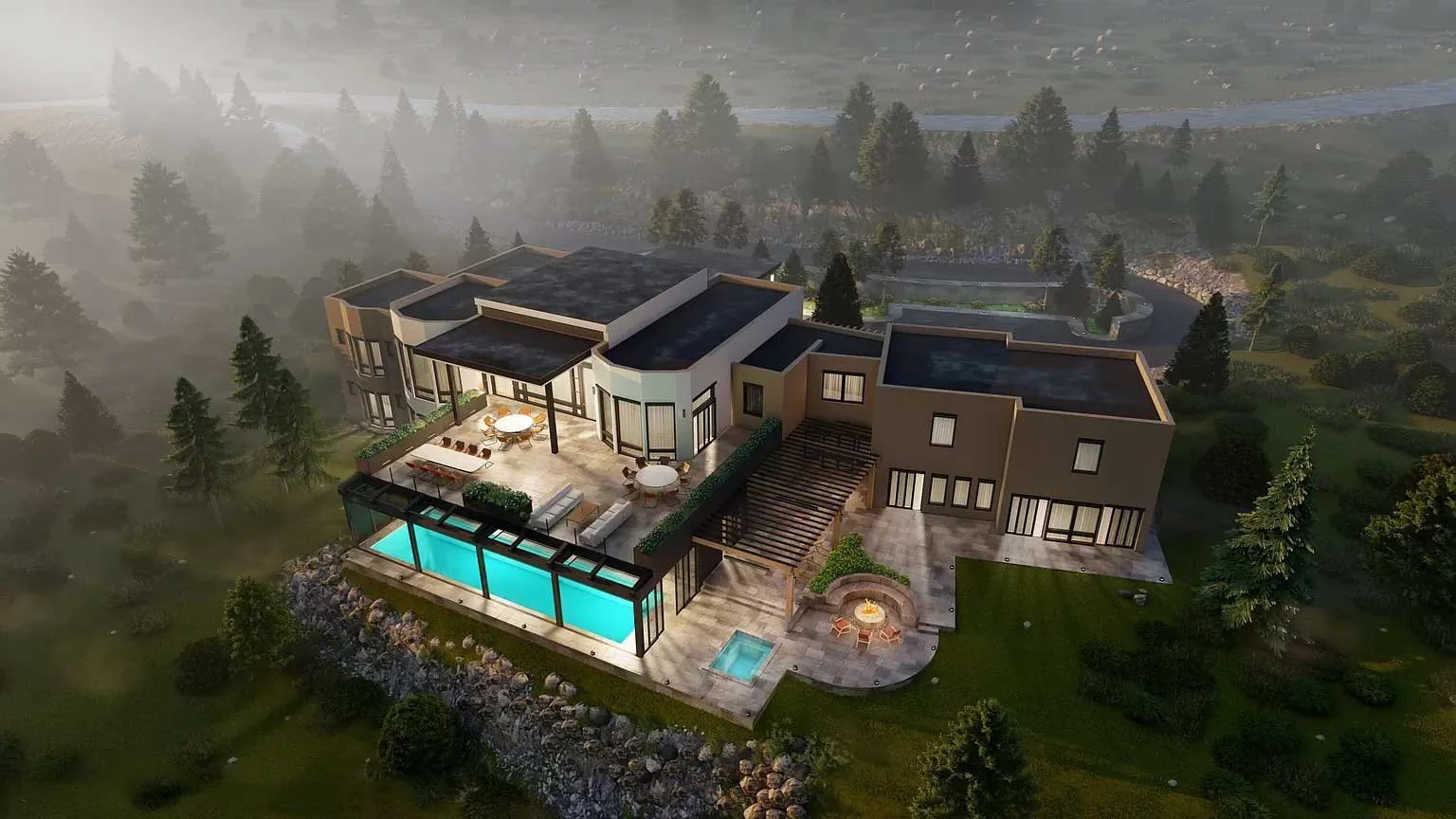 High-quality aerial view rendering of a modern home in the mountains in the evening built by Form 44 Construction surrounded by forest and showing the back side of the home with large deck above enclosed swimming pool.