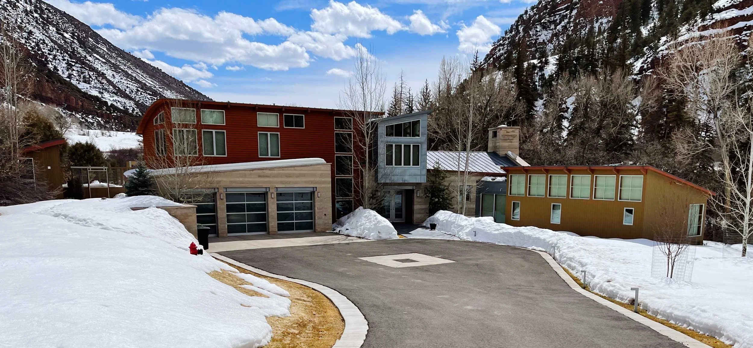 Modern residential mountain home built by John Olson, owner of Form 44 Construction, on River Road in Old Snowmass, CO
