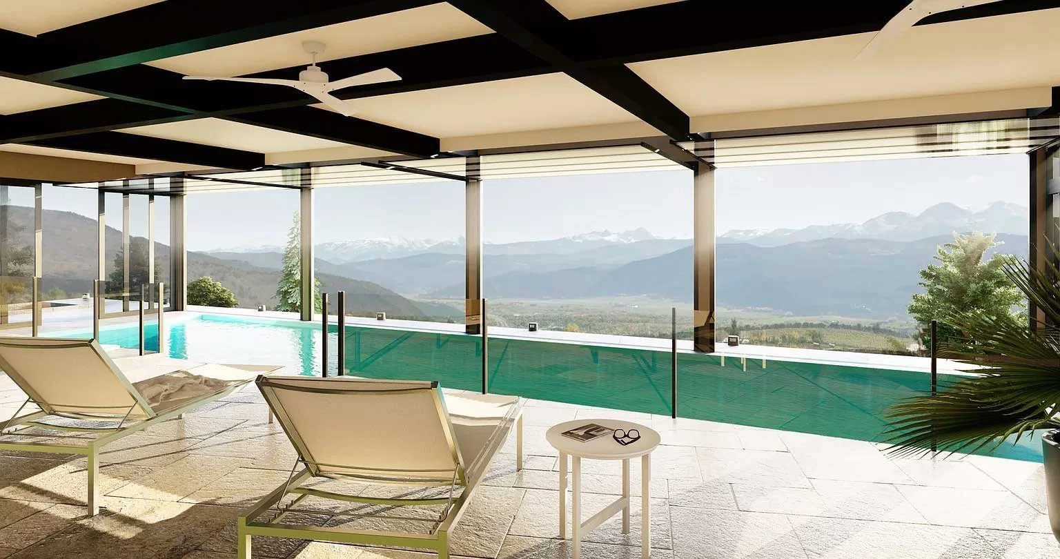 High-quality rendering of a modern built by Form 44 Construction showing expansive mountain views from within the enclosed pool structure.