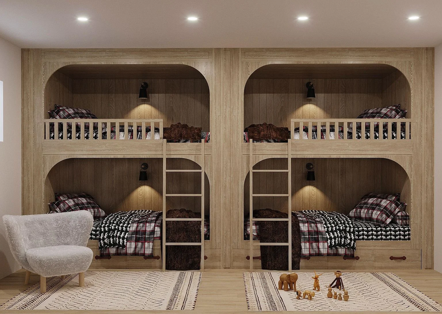 The White Elephant Residences. A well-organized bedroom showcasing double in-wall bunk beds offering a practical and efficient use of space built by John Olson, owner of Form 44 Construction, on West Bleeker Street in Aspen, Colorado.