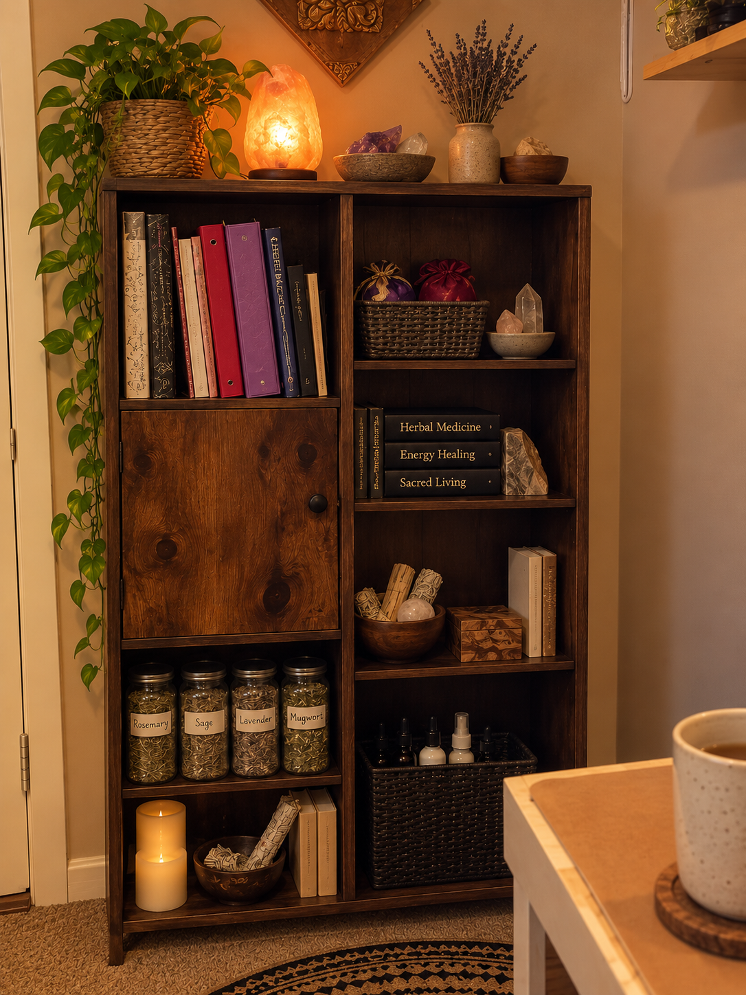 A wooden bookshelf filled with books, jars of herbs labeled Rosemary, Sage, Lavender, Mugwort, and decorative items including candles, crystals, plants, and a salt lamp, set against a warm, cozy space.