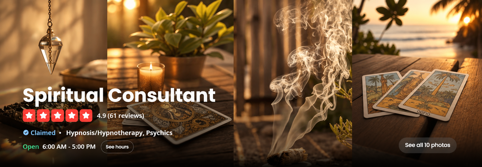A promotional banner for a spiritual consultant featuring mystical and relaxing imagery. The banner shows a hanging crystal, a lit candle, a potted plant, swirling incense smoke, and tarot cards on a wooden table during sunset.