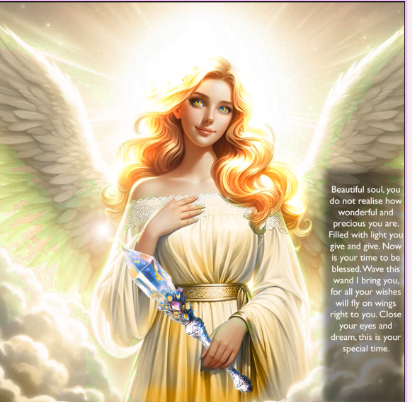 An angelic woman with long, flowing blonde hair, glowing happily, with large white wings, holding a sparkling blue staff, surrounded by bright clouds and golden light.