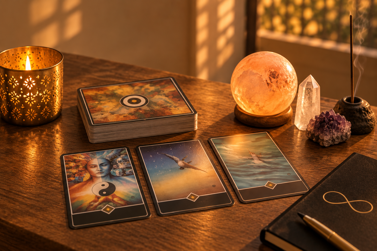 A tarot card reading setup on a wooden table with a candle, a moon lamp, crystals, and tarot cards, illuminated by warm lighting.