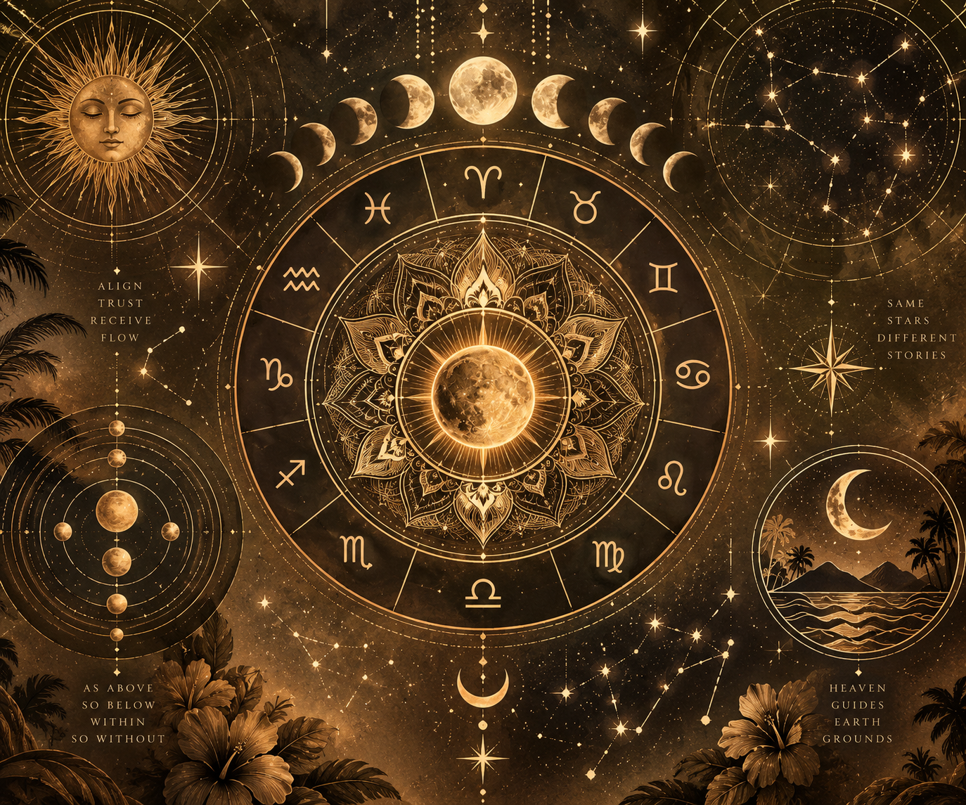 An artistic illustration of astrology and lunar phases with zodiac symbols, a dreamy night scene, and celestial motifs in gold and black tones.