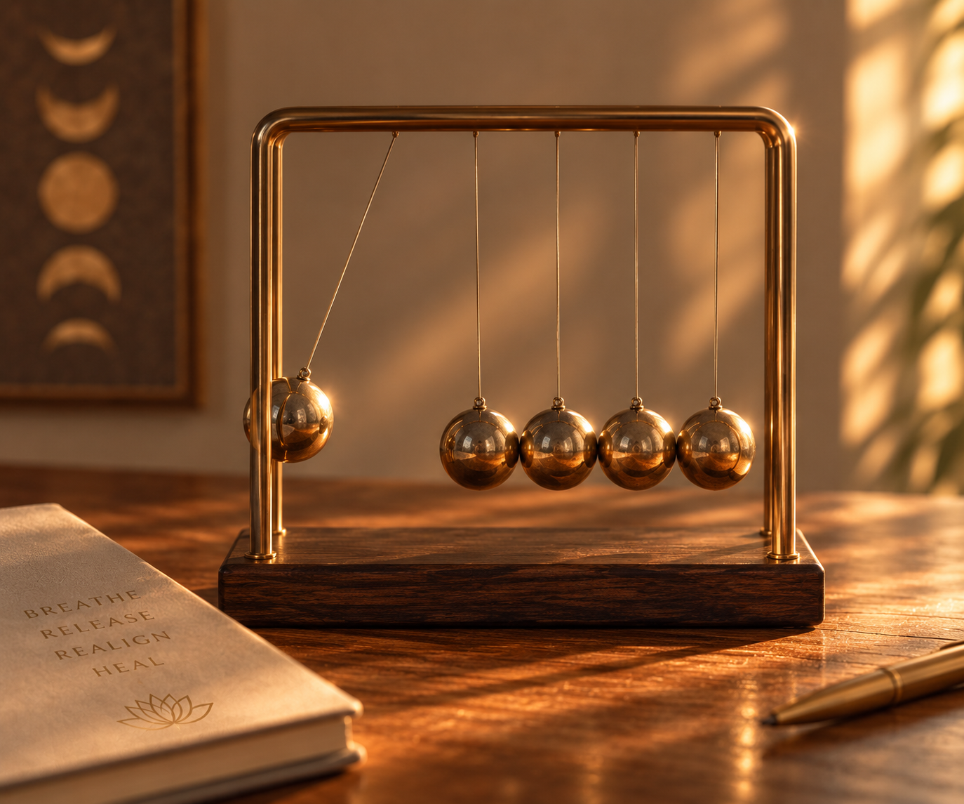 A Newton's cradle with five shiny metallic spheres on a wooden base, placed on a wooden table. A notebook with the words "Breathe, Release, Realign, Heal" and a lotus flower symbol is nearby, along with a gold pen. The background features warm, ambient lighting.