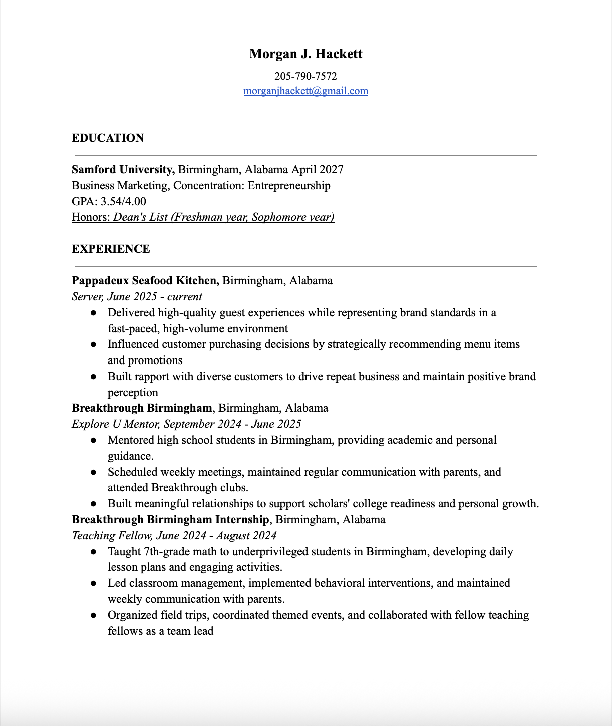 A resume page for Morgan J. Hackett displaying contact info, education, and experience including positions at seafood restaurant and mentorship program.