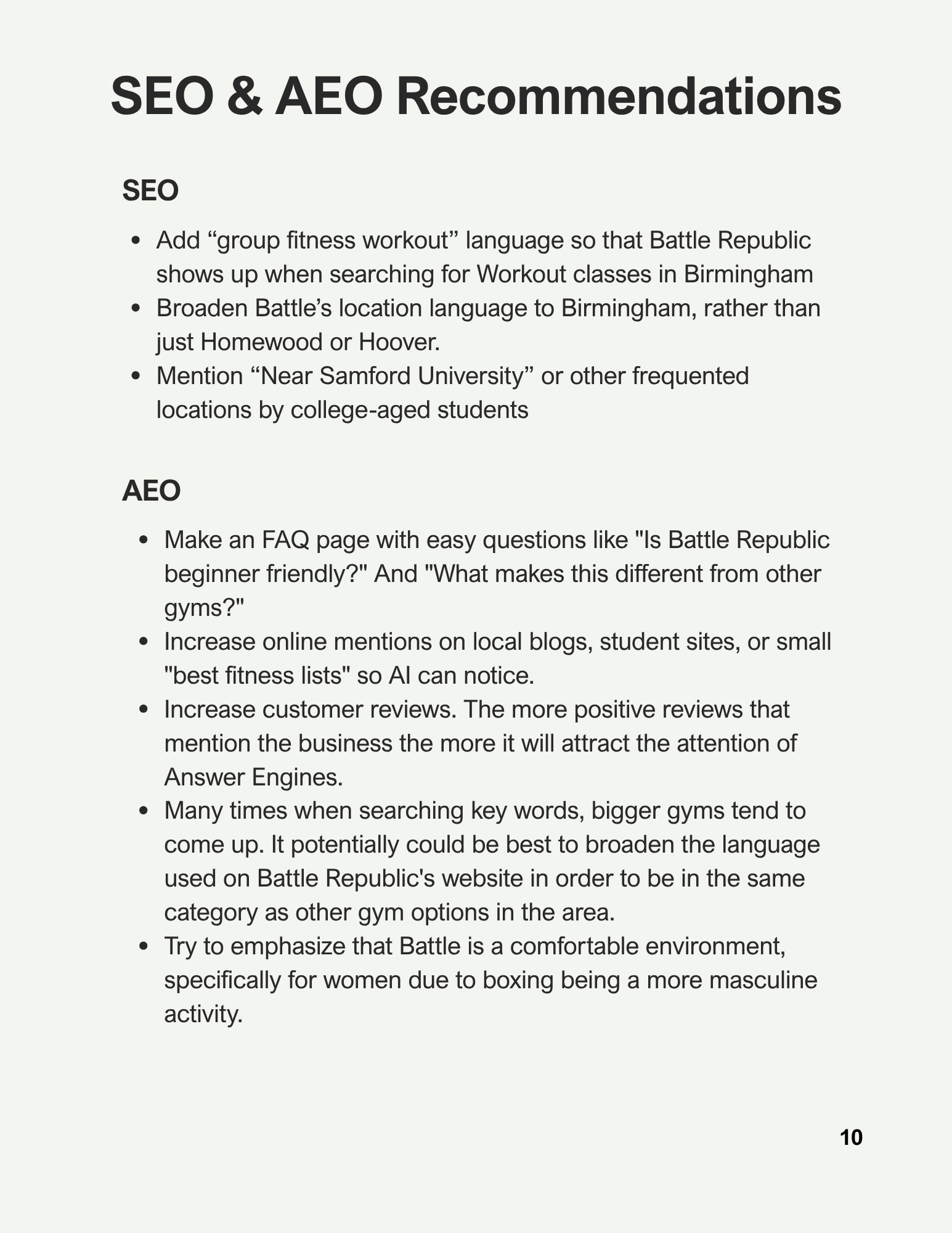 Page from a document with the title 'SEO & AEO Recommendations' and bullet points discussing strategies for search engine optimization and answer engine optimization, including keywords like 'group fitness workout,' 'Near Samford University,' and suggestions for online mentions and reviews.