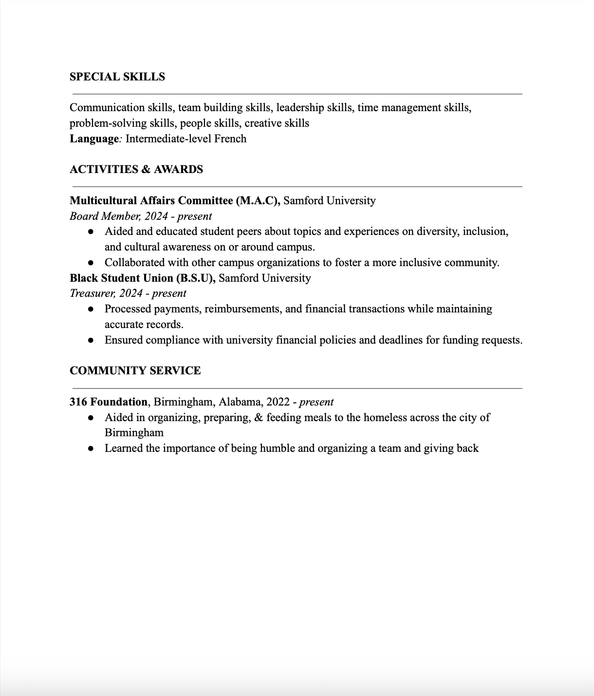 A section of a resume highlighting skills, activities, awards, and community service, including involvement with Multicultural Affairs Committee, Black Student Union, and volunteer work assisting the homeless in Birmingham.
