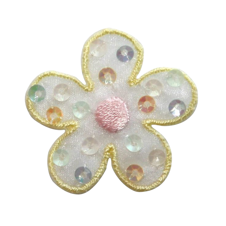 icon of a white flower button with pastel colored sequins embroidered on top