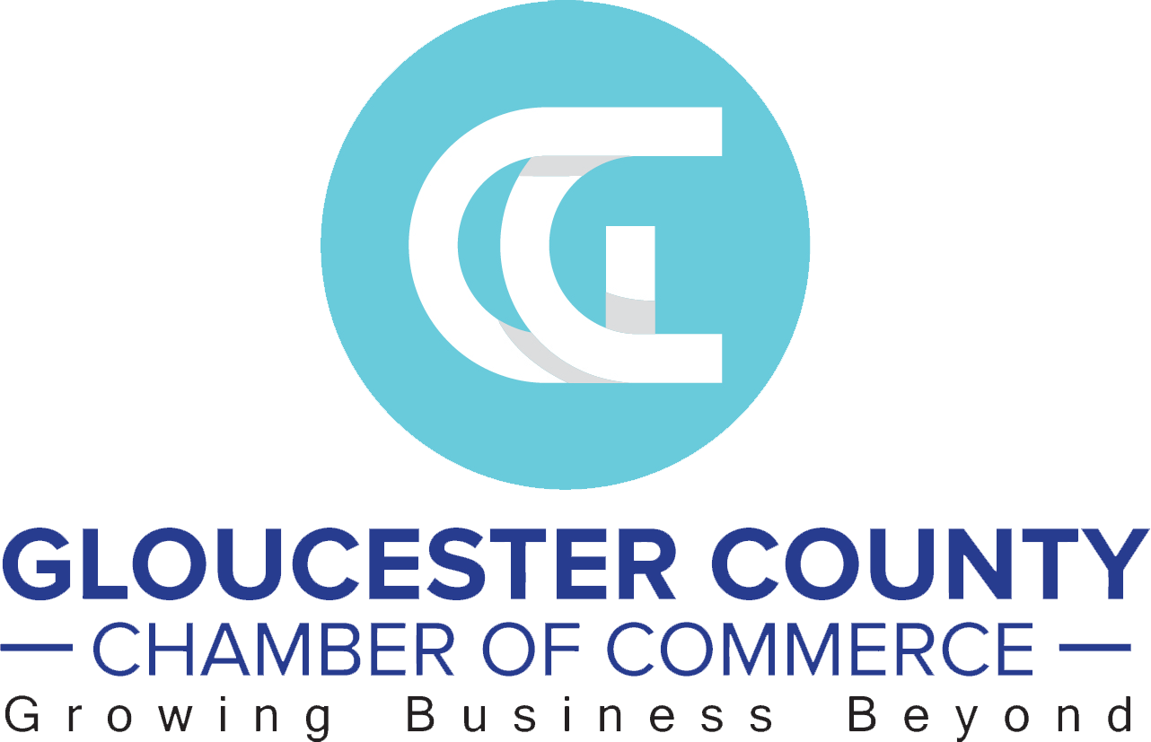 Logo of Gloucester County Chamber of Commerce featuring a stylized letter G inside a blue circle, with text 'GLOUCESTER COUNTY CHAMBER OF COMMERCE' and slogan 'Growing Business Beyond' underneath.