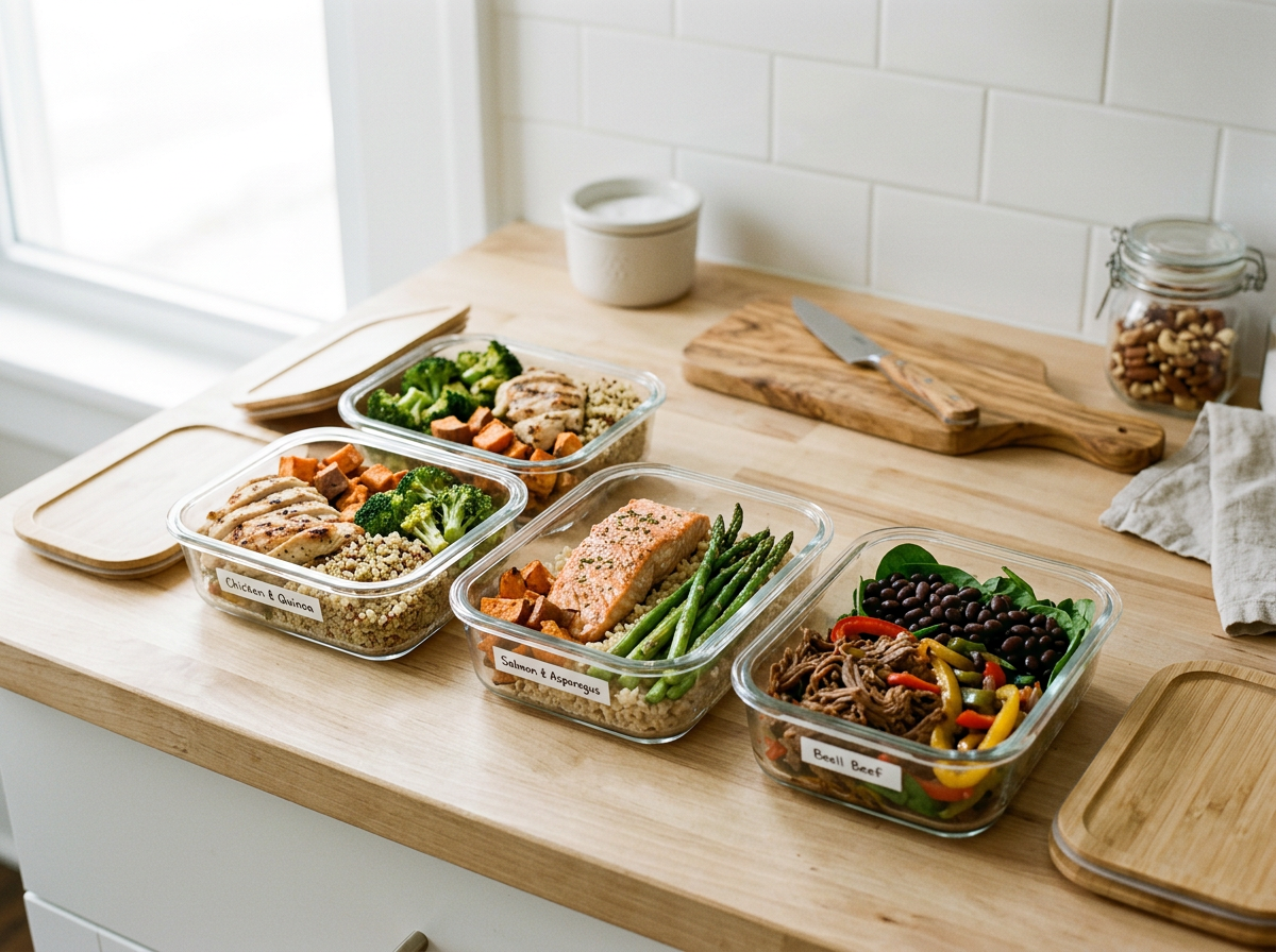 Prepared meal containers with chicken and quinoa, salmon and asparagus, beef and vegetables, and broccoli with carrots, on a wooden kitchen counter.