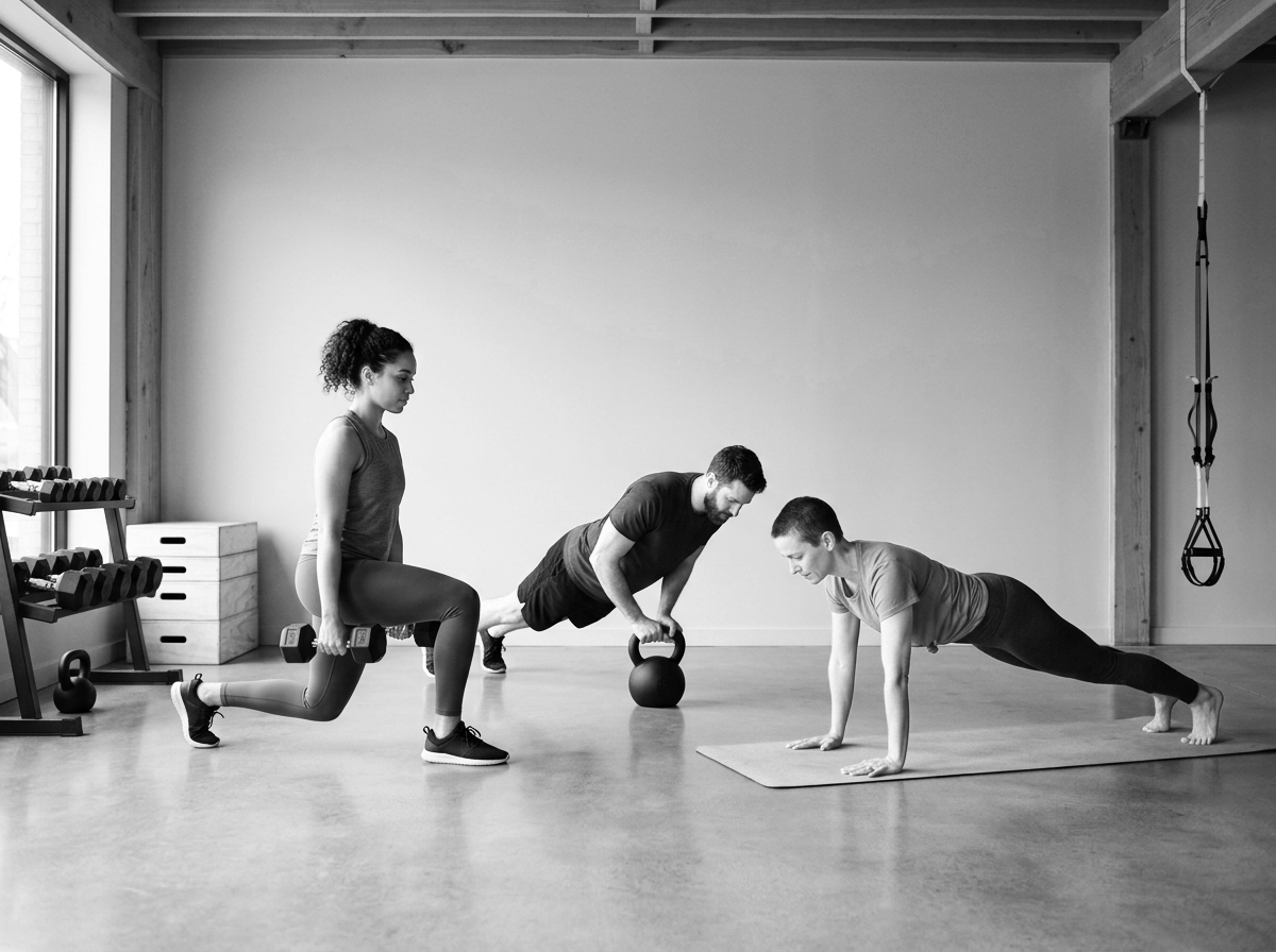 Three people exercising in a gym, one woman doing lunges with dumbbells, two men doing pushups, one on a mat and the other on a kettlebell.