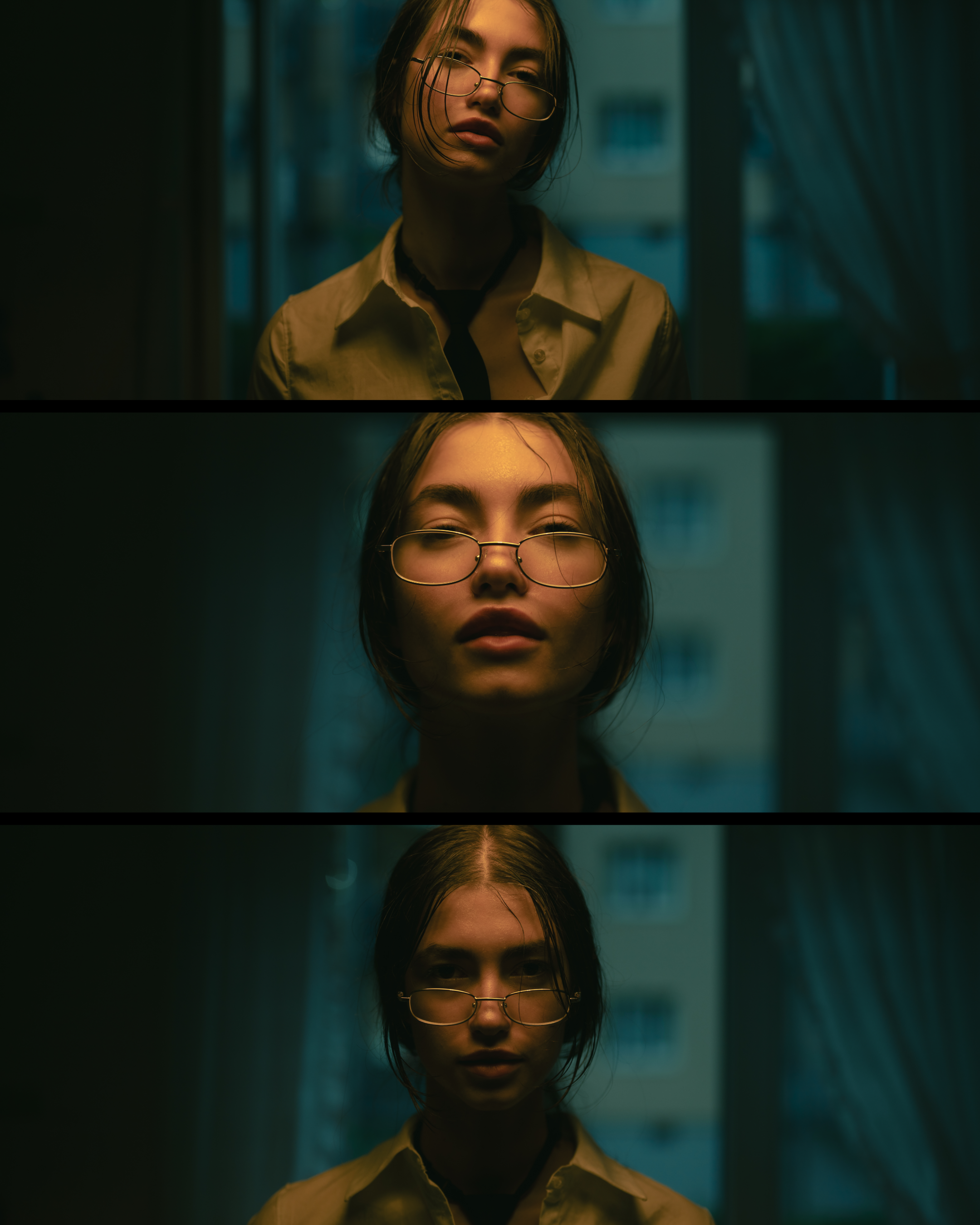Three vertical photos of a young woman with glasses, shoulder-length hair, wearing a yellow shirt and dark necktie, captured in different facial expressions.