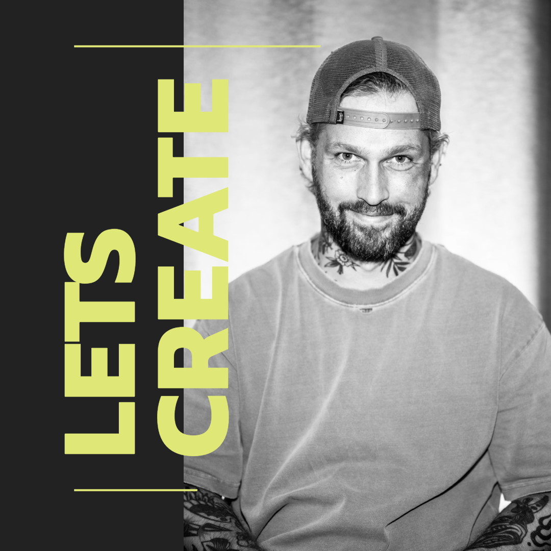 Black and white portrait of a man wearing a baseball cap backwards, with tattoos on his neck and arms, smiling at the camera. The left side of the image features a black strip with the text "LIFESTYLE CREATOR" in large, yellow-green letters.