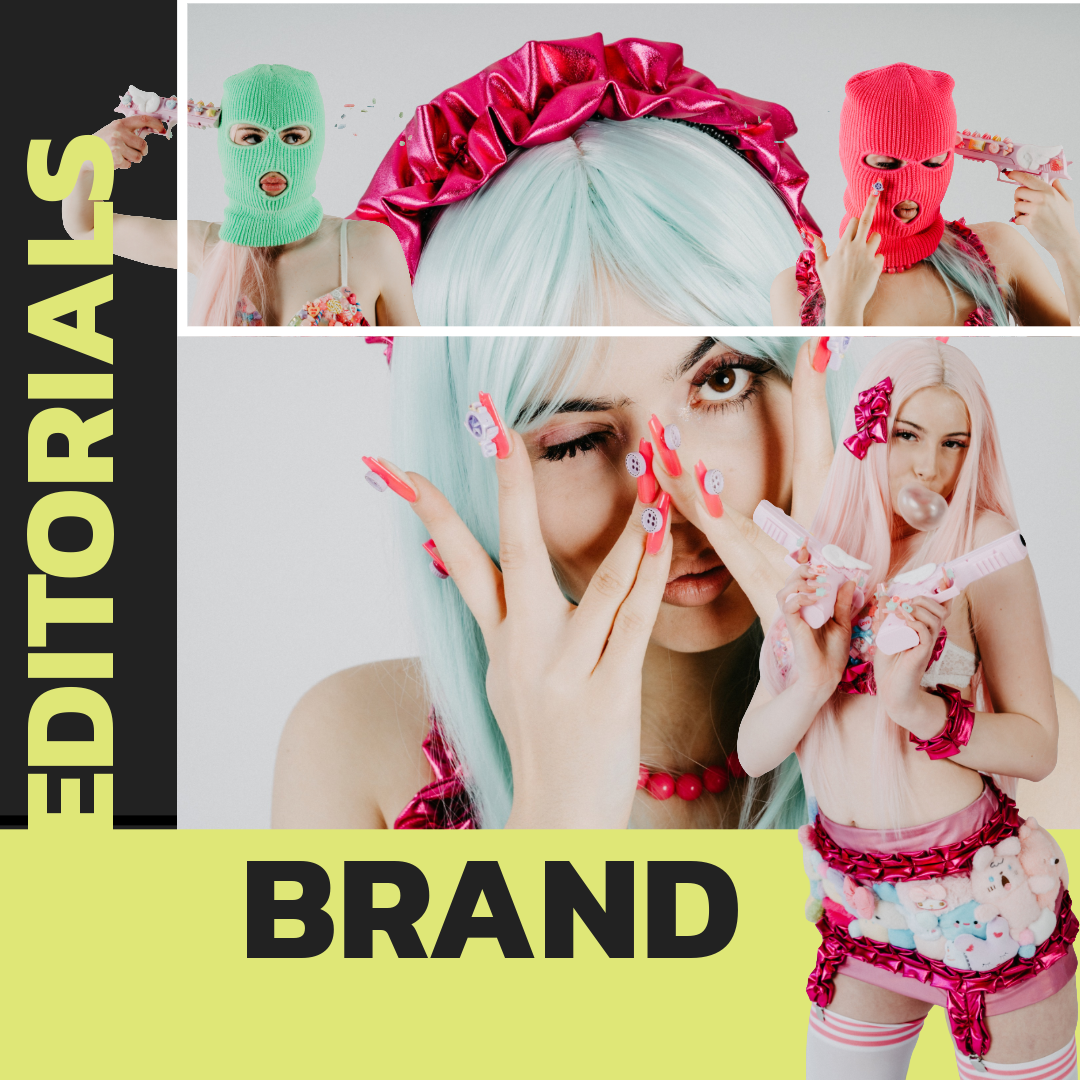 A collage of young women with pastel-colored hair and playful fashion, wearing knit masks, holding toy guns, and posing with playful expressions. The collage includes the words 'EDITIONAL'S BRAND' in bold text.