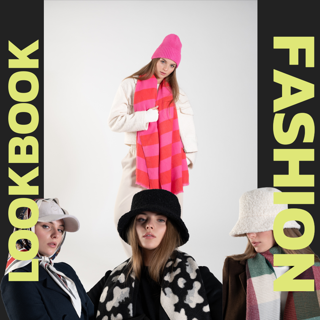 Group of four women modeling winter fashion, including hats, scarves, and coats, against a plain background.