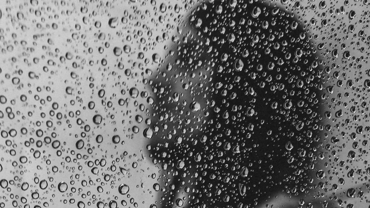 Close-up of a window with water droplets on it and a person in the background.