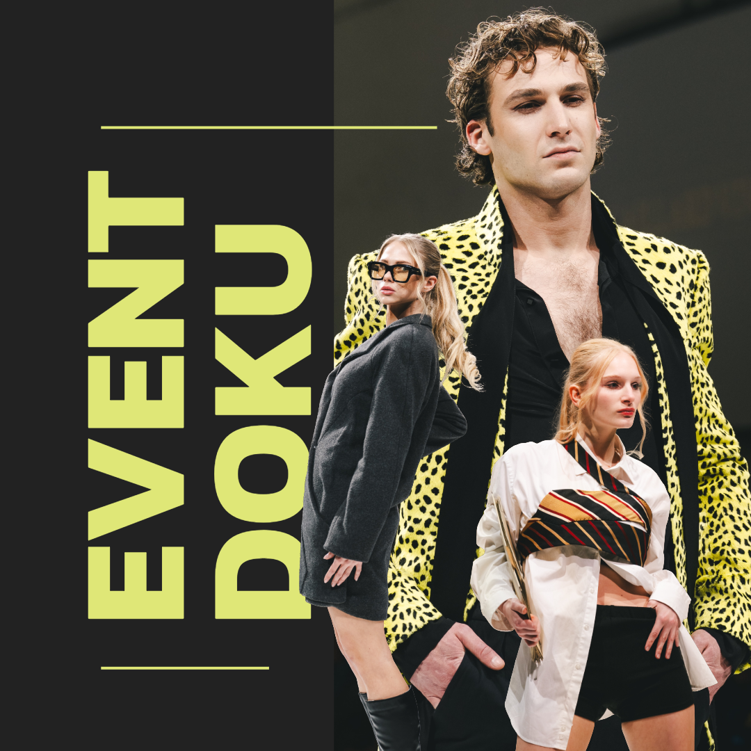 Fashion models standing with a bold logo reading 'Event Day' in large yellow letters on a black background.