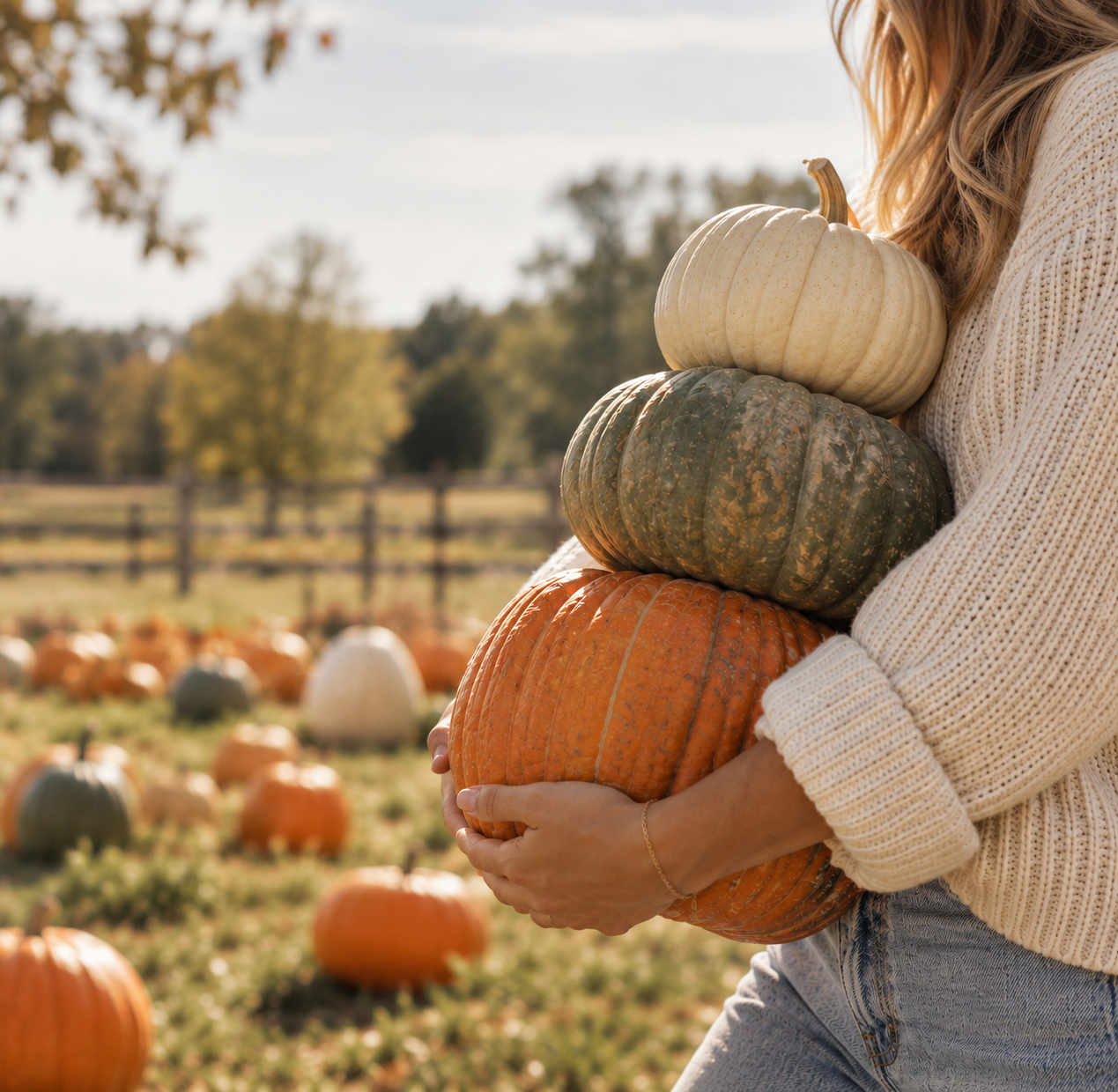 Person holding a stack of four pumpkins in a pumpkin patch with autumn trees and a wooden fence in the background.