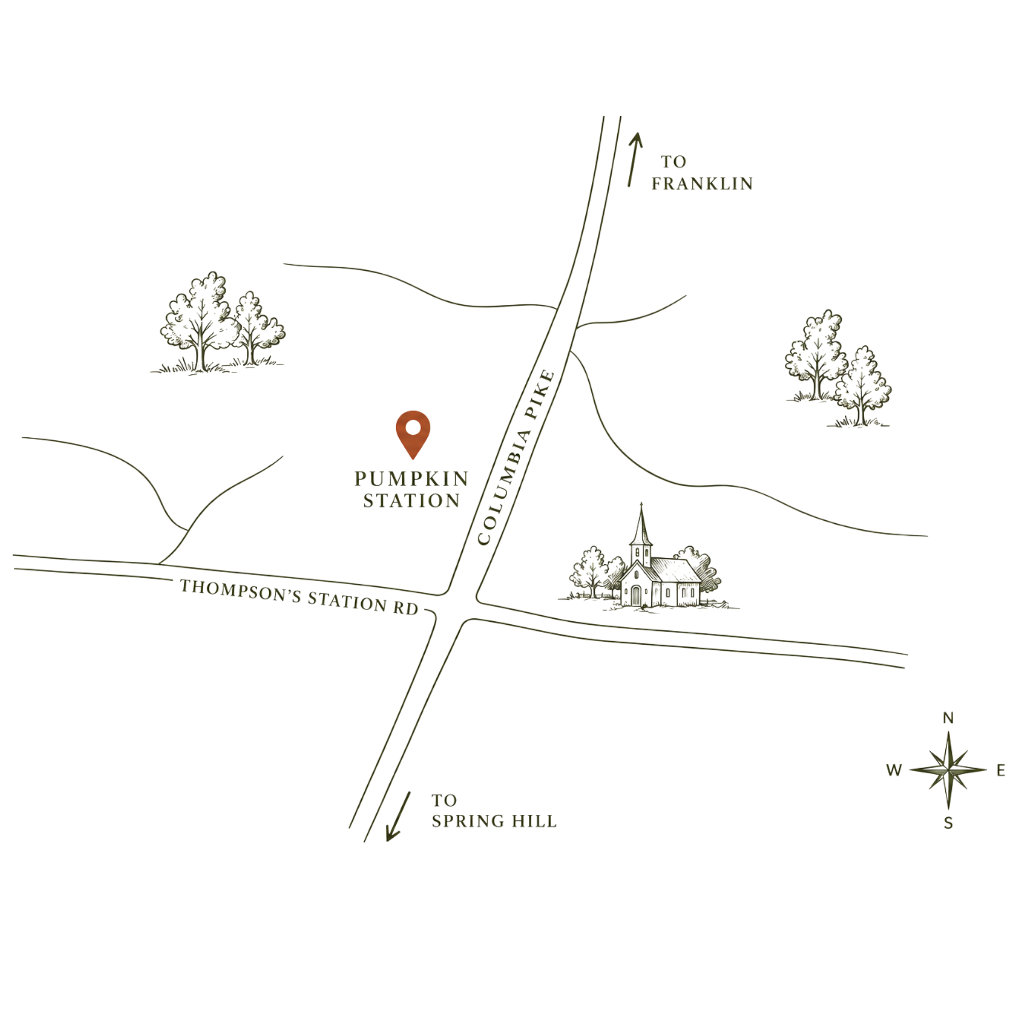 A map highlighting Pumpkin Hill, Thompson Station Road, and Spring Hill areas with trees and directional markers. Across the street from Thompson's Station Church.