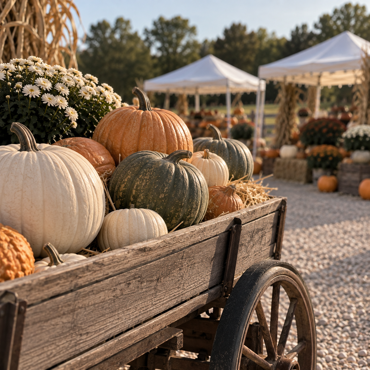 A wooden cart filled with various pumpkins and gourds at a fall pumpkin patch, with white flowers and tents in the background on a sunny day.