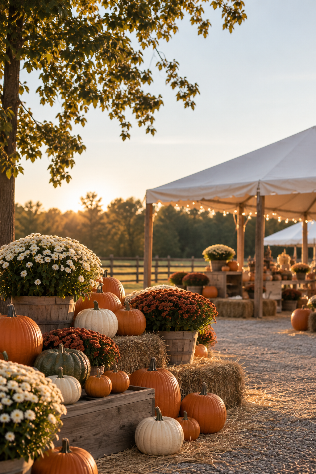 Decorative pumpkins and chrysanthemums at an outdoor fall festival during sunset, with tents and a fenced field in the background.