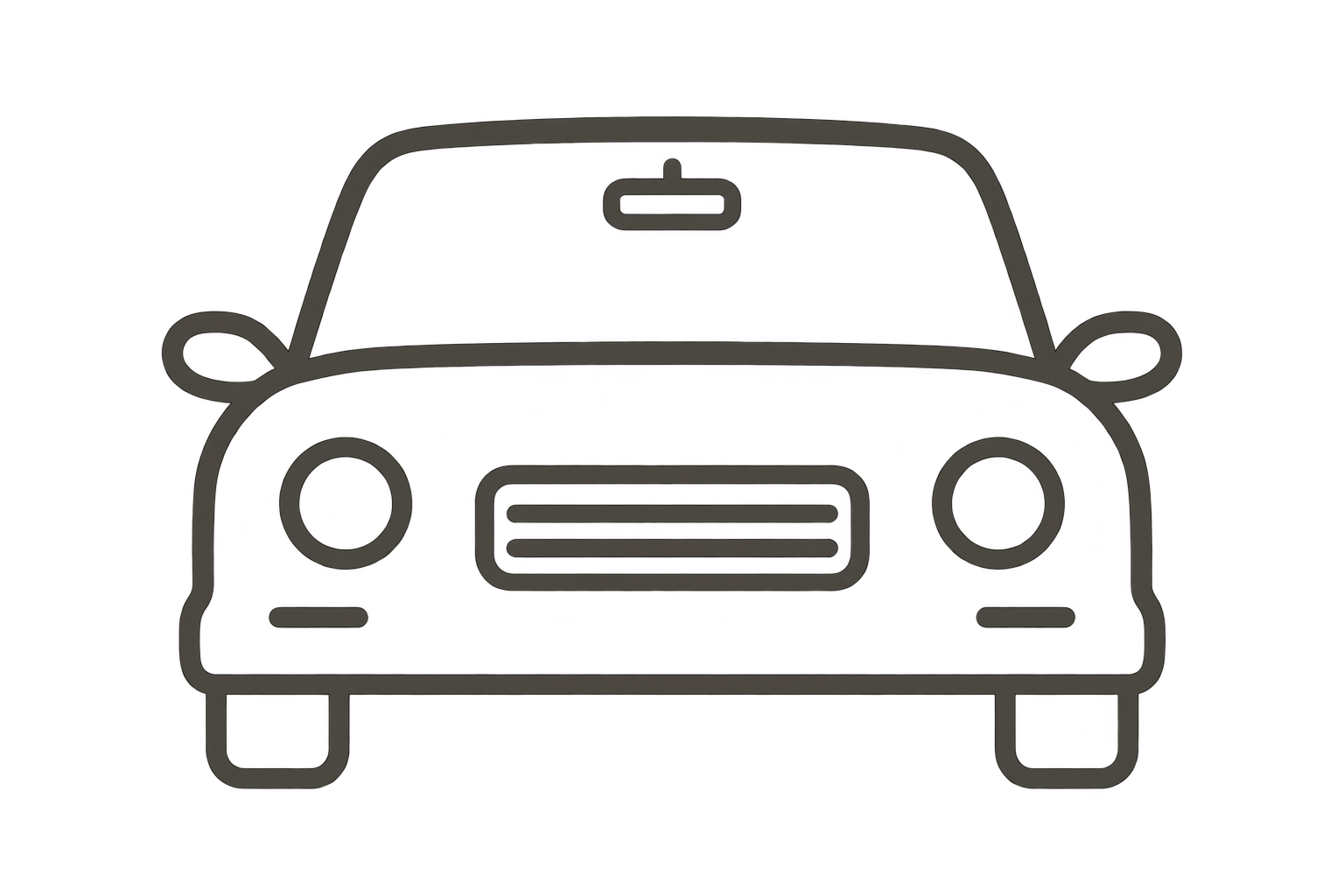 Line drawing of a small car viewed from the front, showing headlights, grille, and side mirrors.