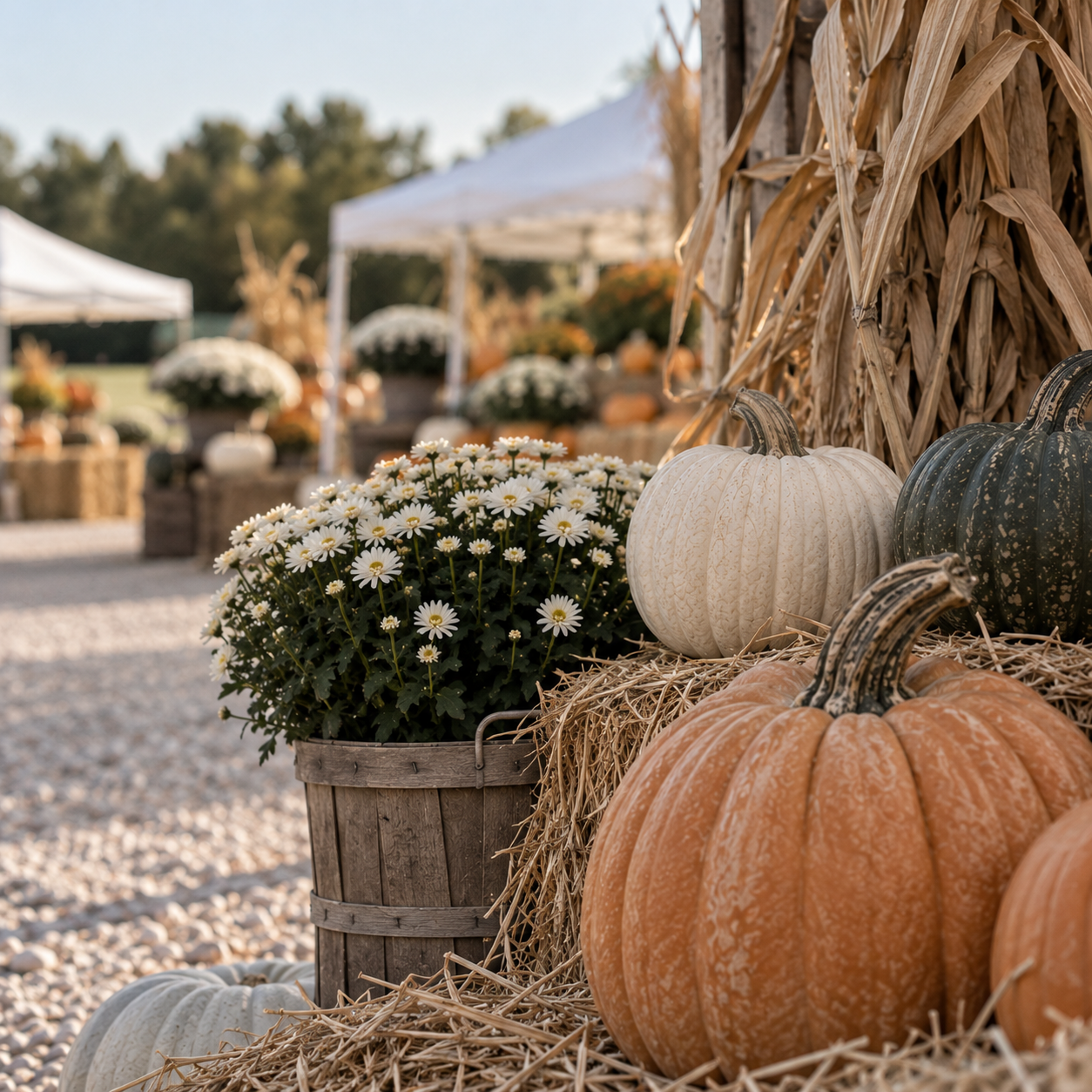 Several pumpkins in shades of white, orange, and green are displayed outdoors on hay with a wooden barrel filled with white daisies in the foreground. In the background, there are white tents and potted white flowers, suggesting a fall festival or market setting.
