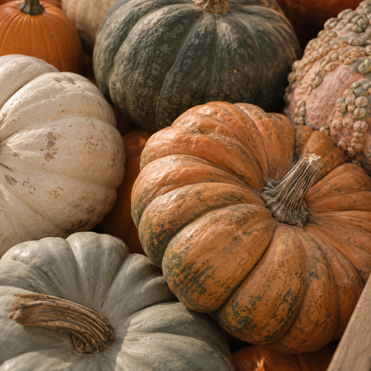 A variety of pumpkins with different shapes, sizes, and colors, including white, green, orange, and bumpy textured pumpkins, arranged closely together.