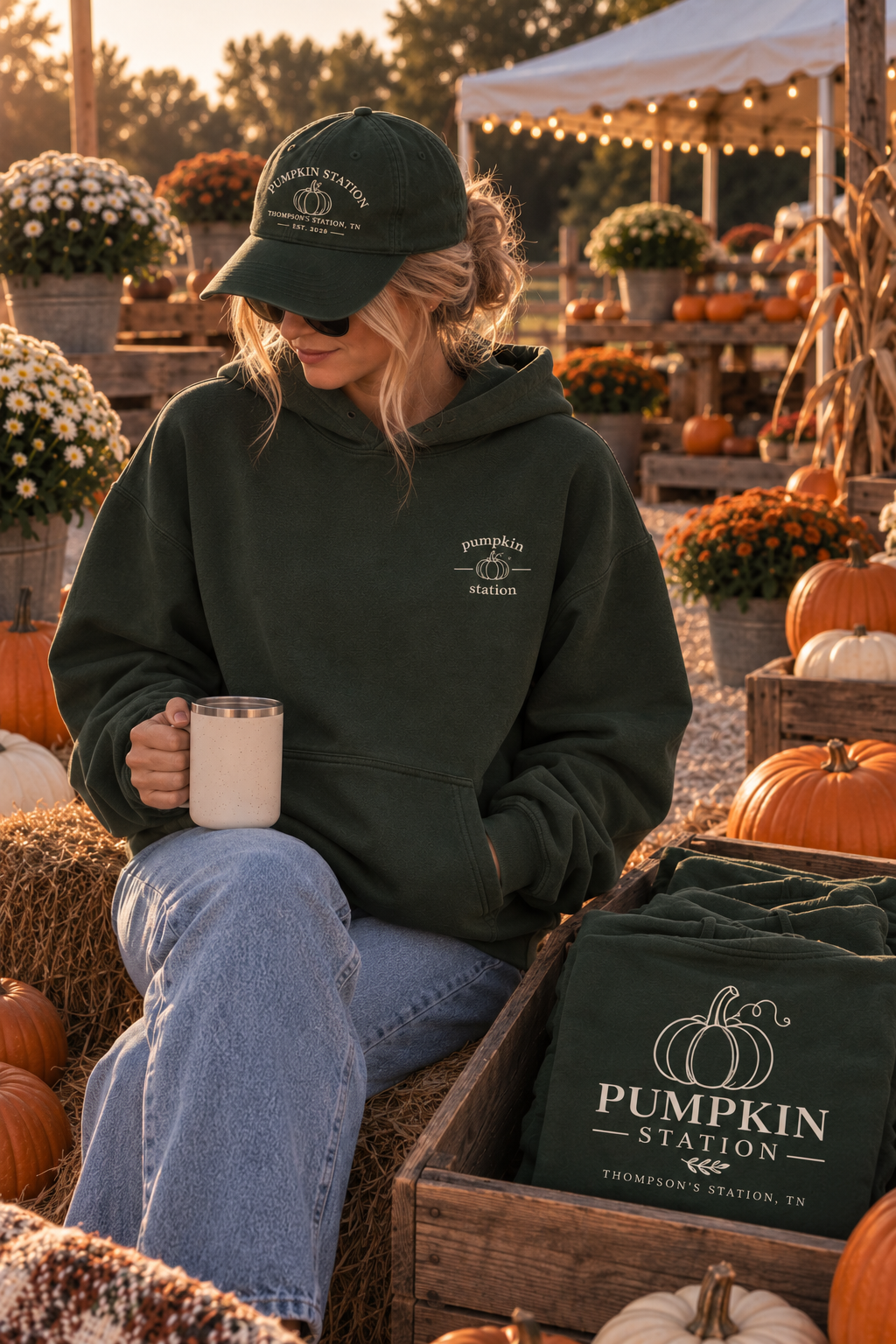 A woman in a green hoodie and cap sitting among pumpkins and chrysanthemums at a pumpkin patch, holding a mug, with a tent and trees in the background.