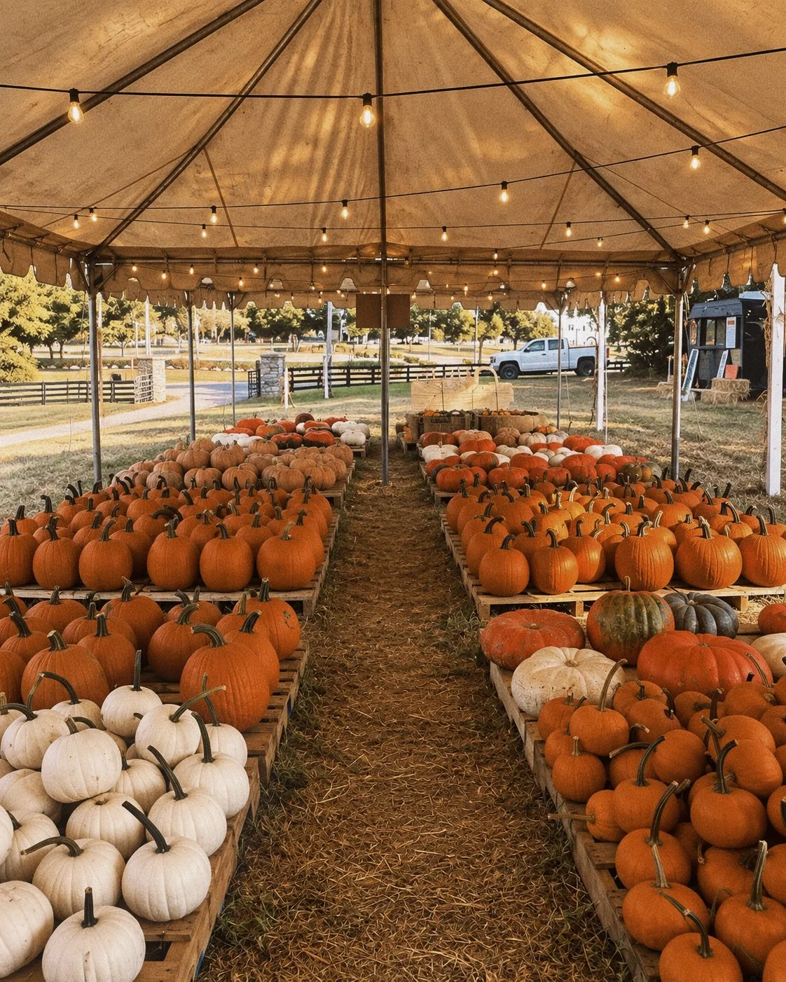 Pumpkin display under string lights at Pumpkin Station in Thompson's Station, Tennessee