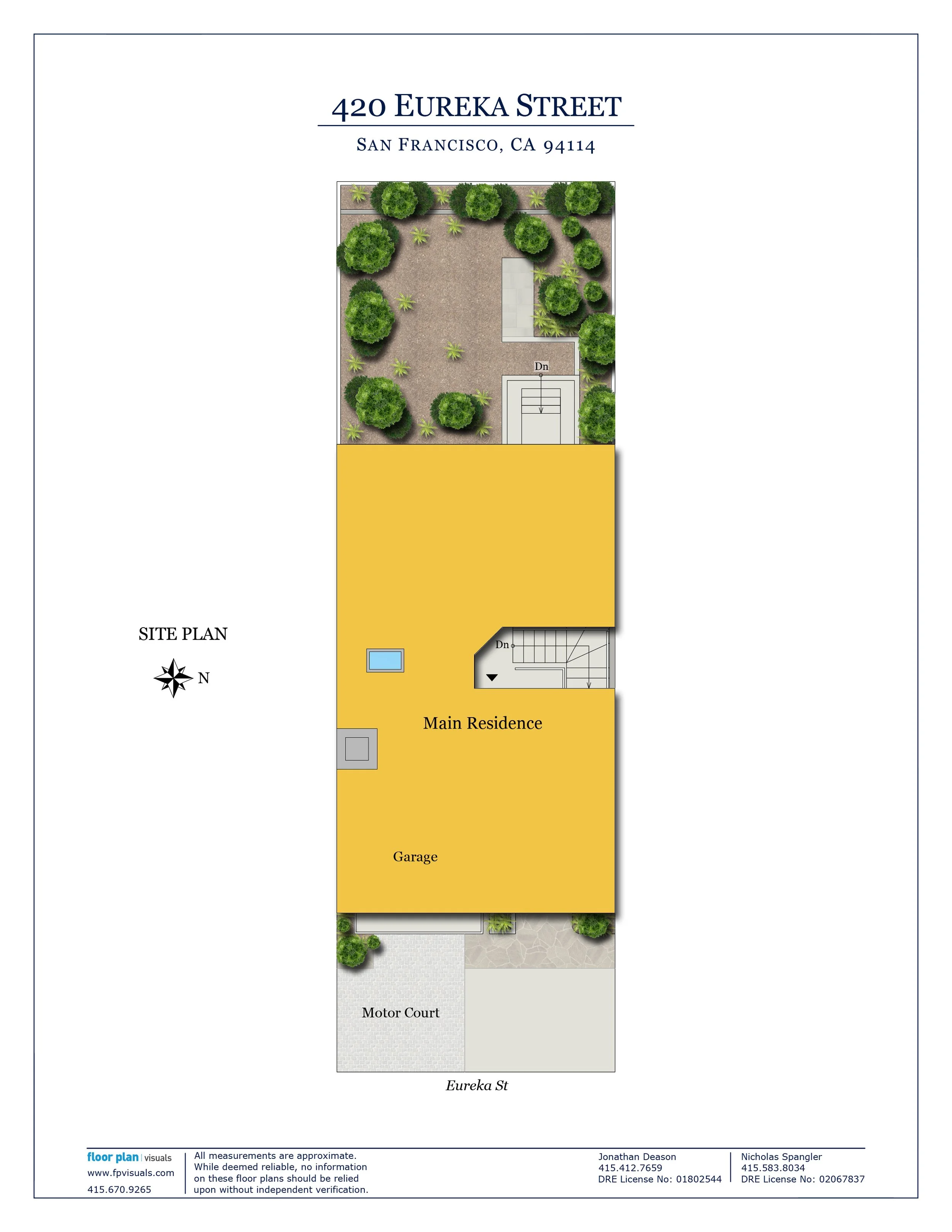 Site plan indicating the location of a main residence, garage, motor court, staircase, and landscape, with trees and pavement, labeled with street names Eureka Street and Eureka Street.