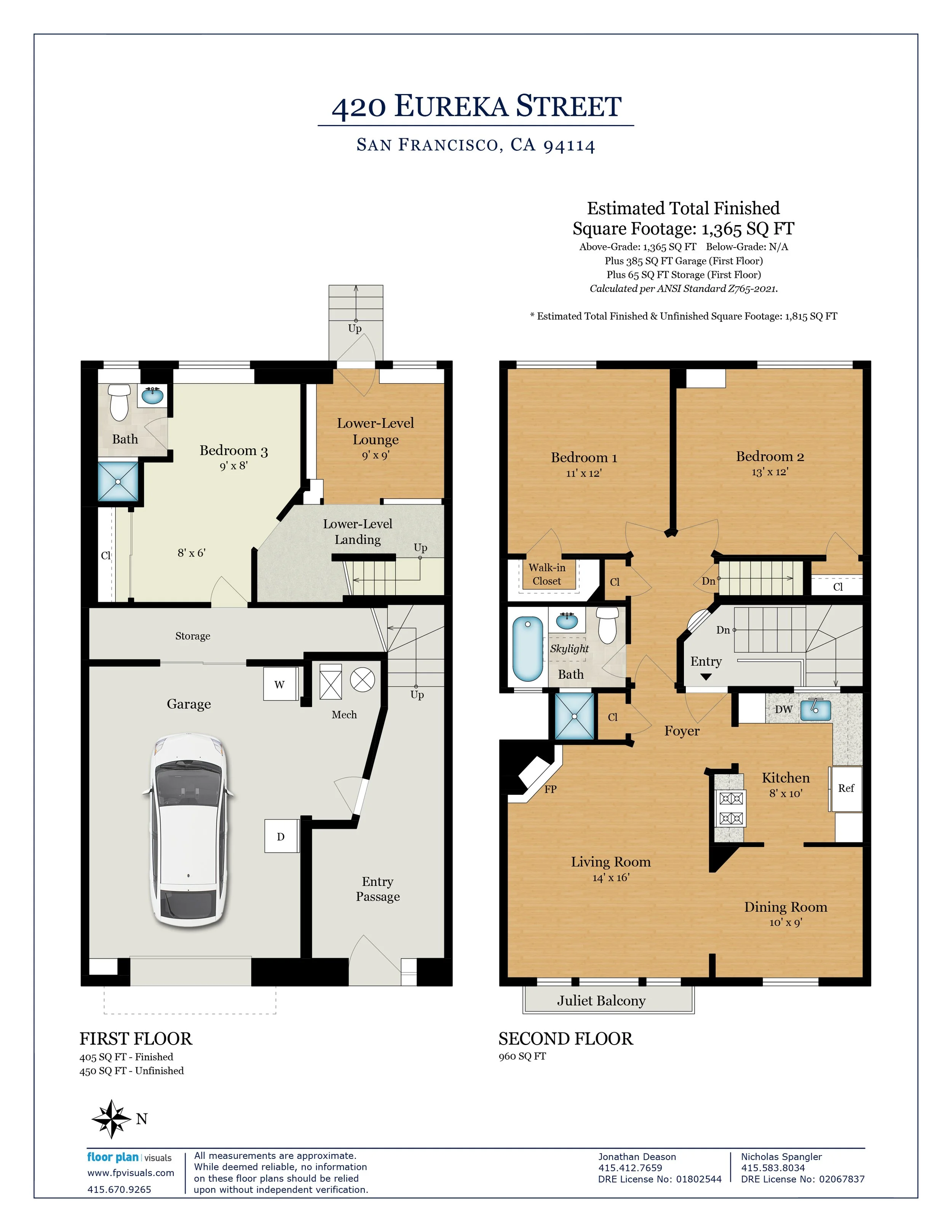 Floor plan of a house showing two levels, with rooms including a living room, kitchen, dining room, bedrooms, bathrooms, garage, storage, and balcony, along with measurements and layout.