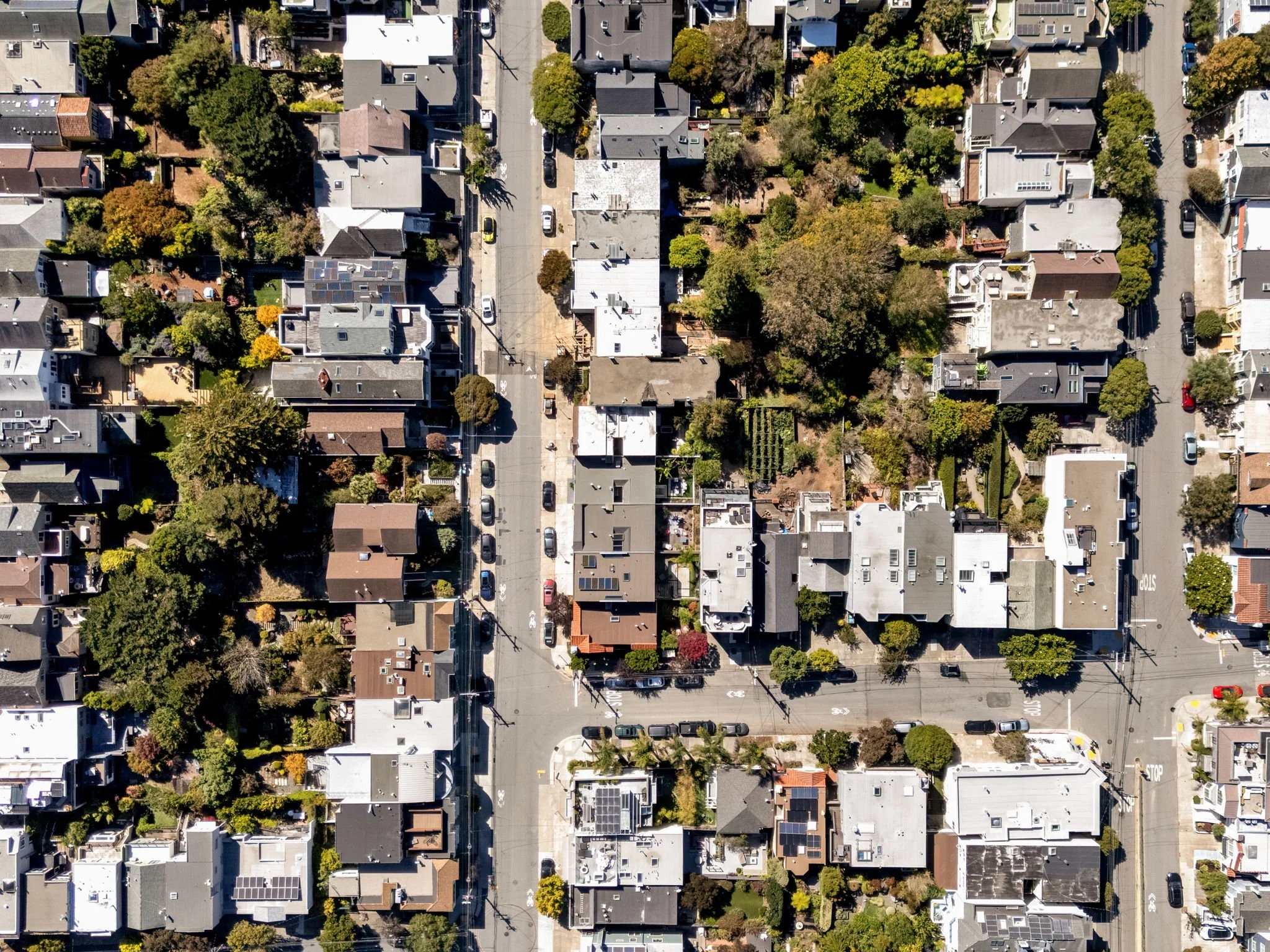 Aerial view of a residential neighborhood with houses, trees, and parked cars lining the streets.