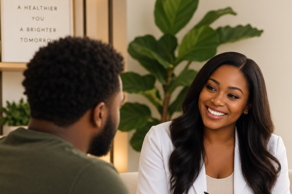 A woman smiling and talking to a man in an office or therapy setting, with a plant and framed quote in the background.