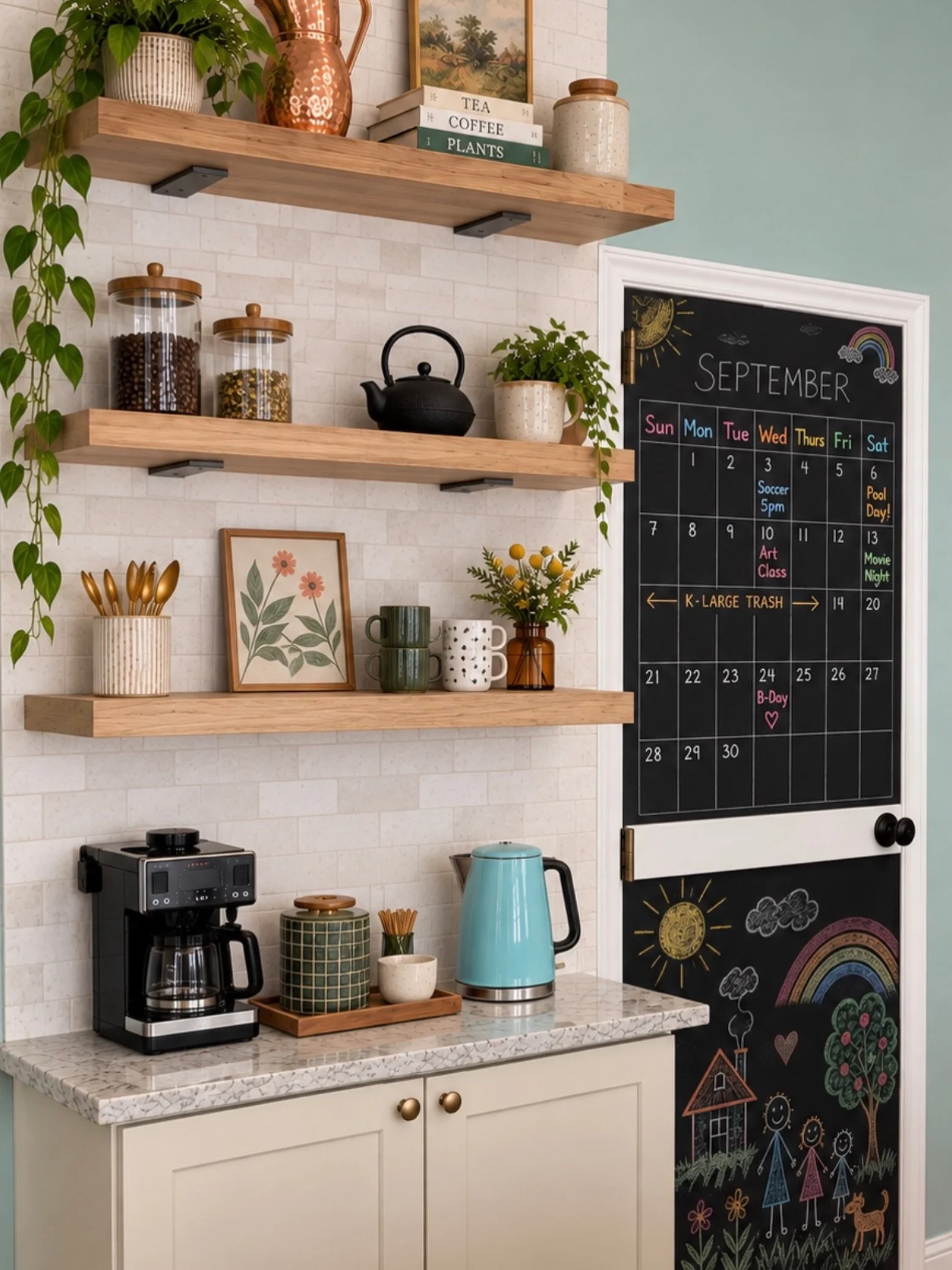 A little coffee, a little creativity, and a whole lot of personality! ☕🌿

Same kitchen, another feature. This charming coffee and tea station combines function with thoughtful design. Custom maple floating shelves bring natural warmth to the space w