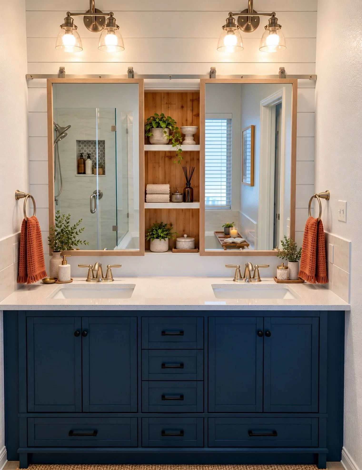 Sometimes, the most beautiful transformations begin with an unexpected challenge!

Before we arrived, a burst pipe beneath the bathtub left this bathroom half-renovated. Repairs gave the homeowners a new tub and shower, but left the 20 year old vanit
