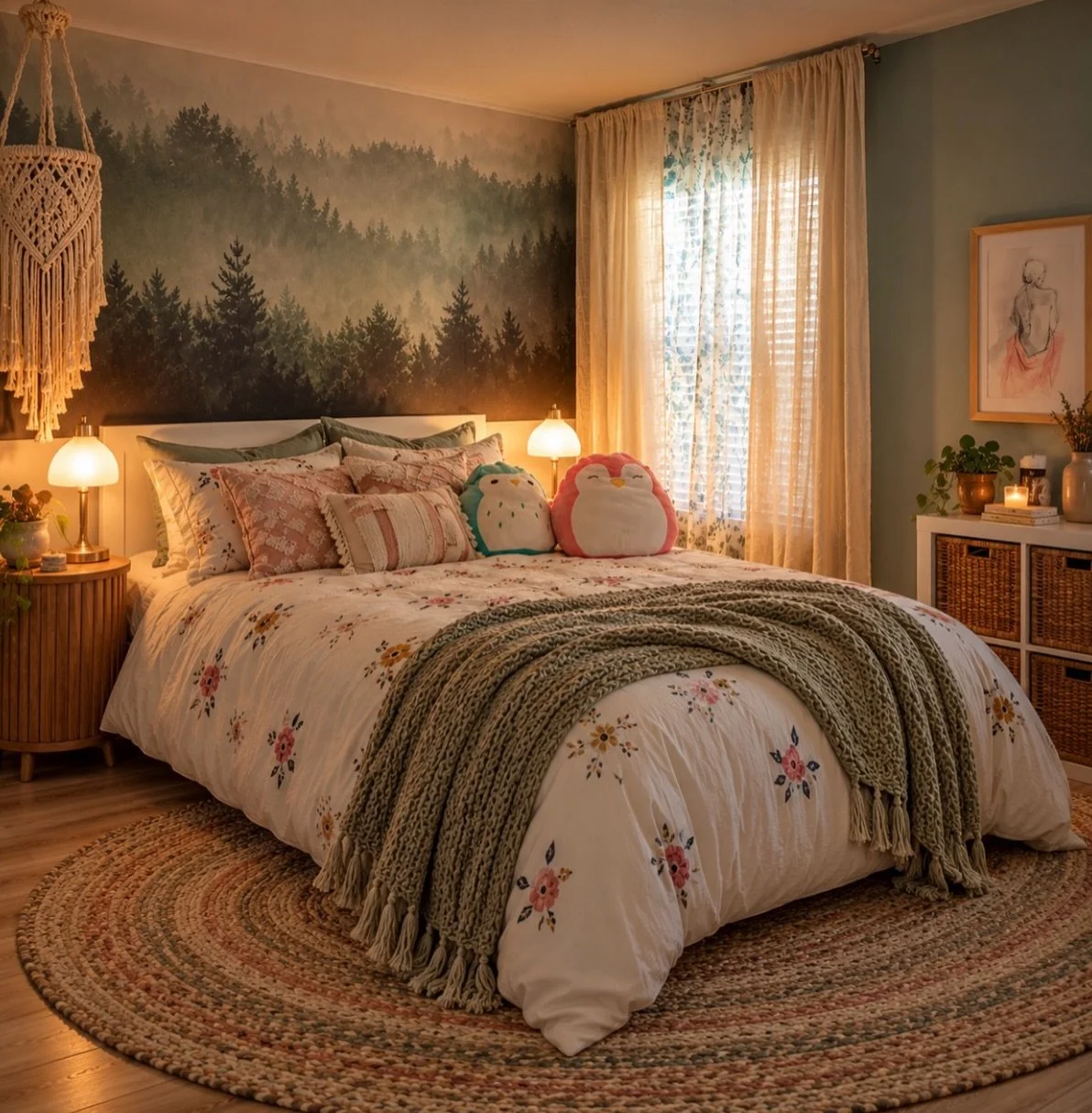A little whimsy, a touch of nature, and a whole lot of charm! This youthful and romantic primary suite is all about creating a retreat that feels both playful and sophisticated. A misty forest mural sets a serene backdrop, while soft florals, cozy kn