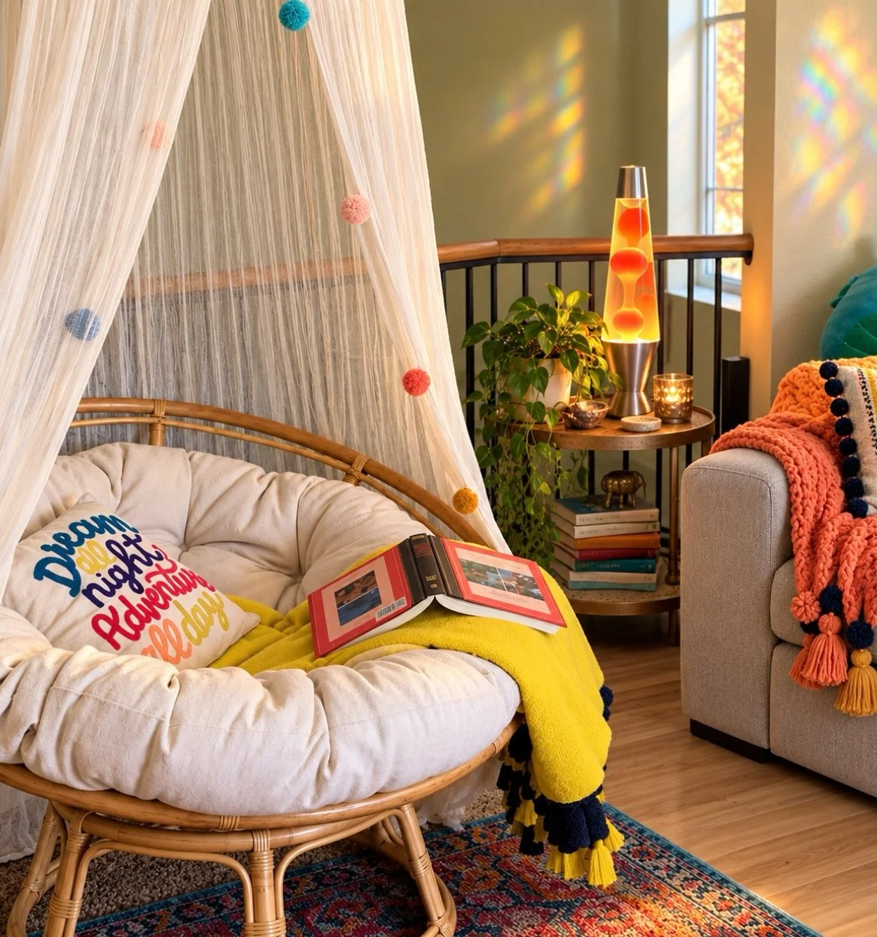 Every home deserves a little corner dedicated to slowing down, getting lost in a good book, and letting your imagination wander. ✨

With a cozy papasan chair, a whimsical canopy, colorful textiles, and a touch of retro charm from a glowing lava lamp,