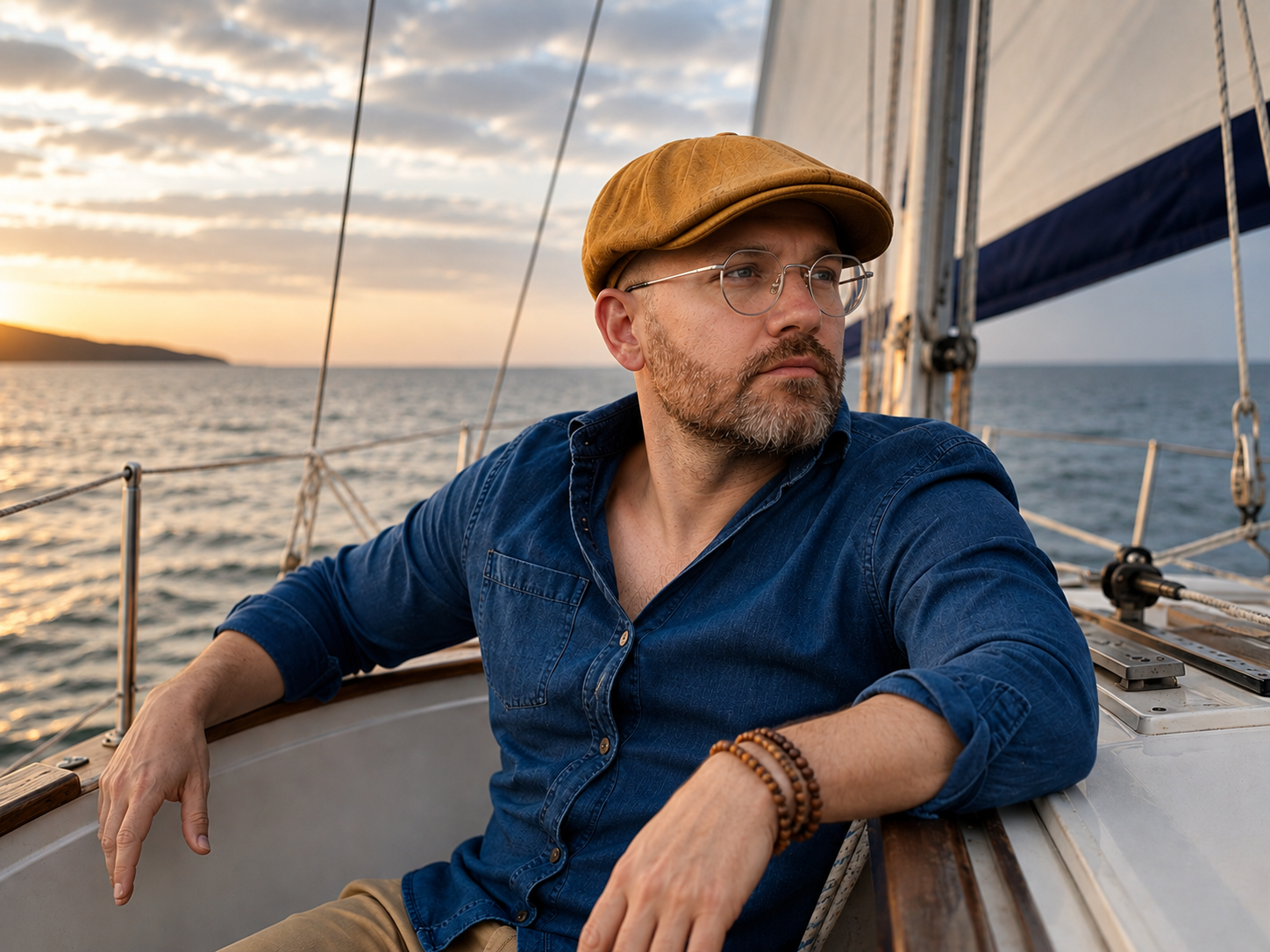 Darrell Wiggings wearing glasses and a dijon colored cap sitting on a sailboat at sunset, looking towards the horizon over the water.