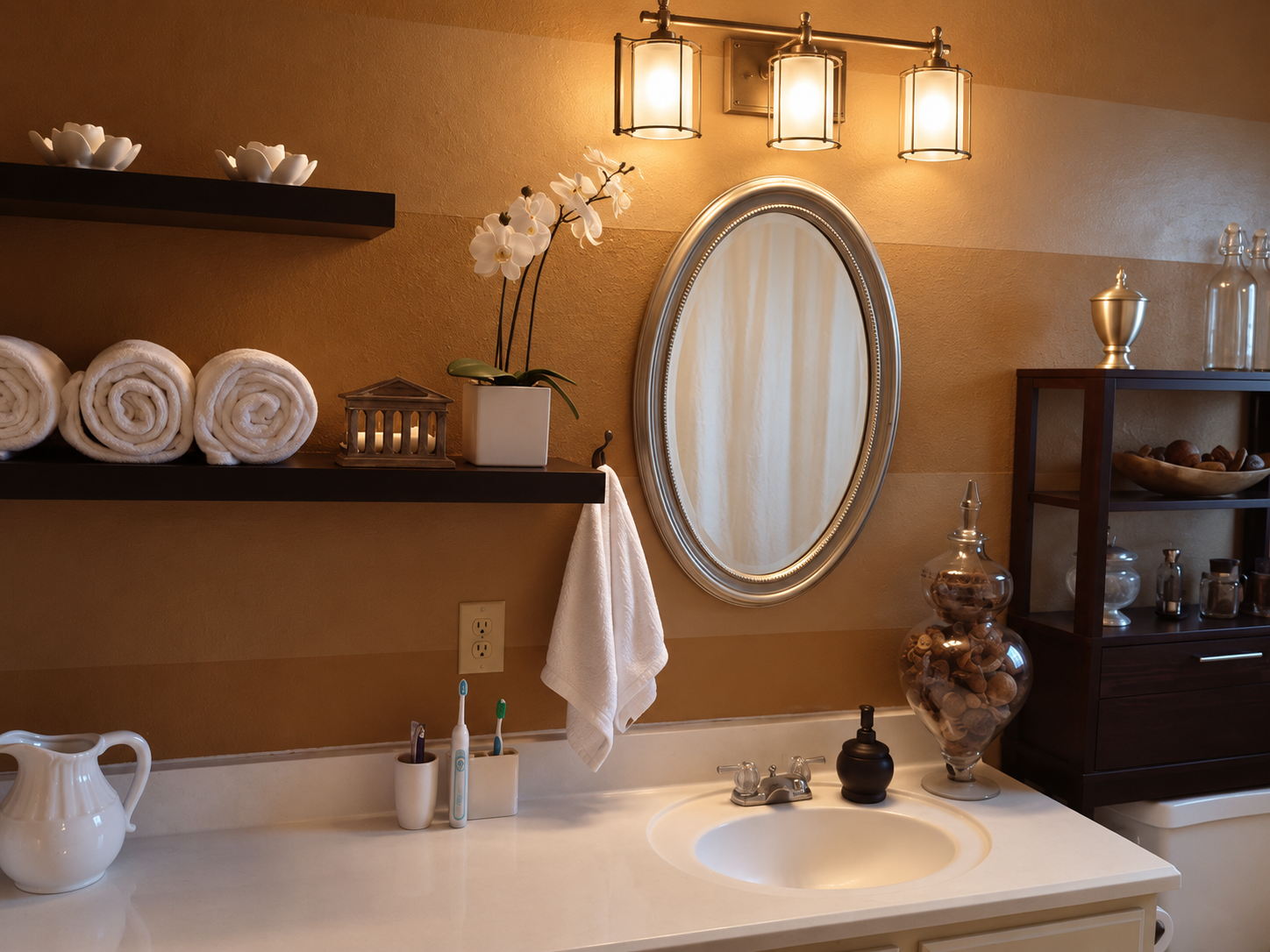 Bathroom vanity area with a large oval mirror, a white sink, a toothbrush holder with toothbrushes, a soap dispenser, decorative jars, a vase with white orchid flowers, folded towels, and shelves with decor and toiletries.
