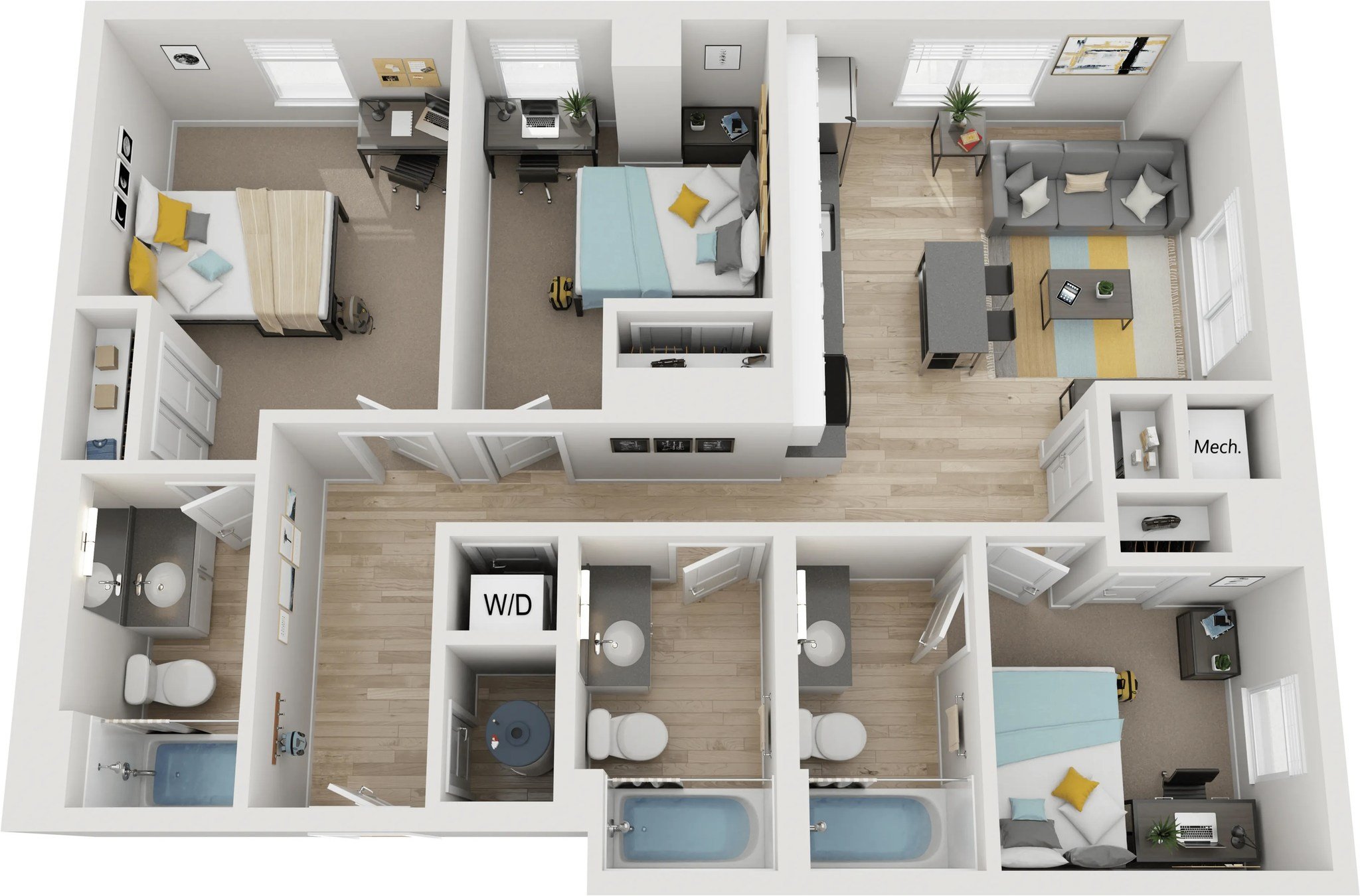 The C1 Penthouse offers three private bedrooms, each with its own desk space, plus three full bathrooms so no one has to share. A bright, open living and dining area anchors the layout, with in-unit laundry and generous closet space throughout.

#Apa