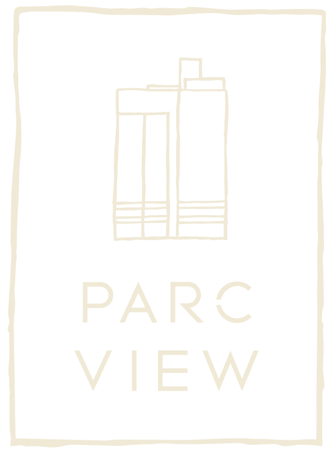 Logo with stylized sketch of buildings above the text "Parc View" on a black background.