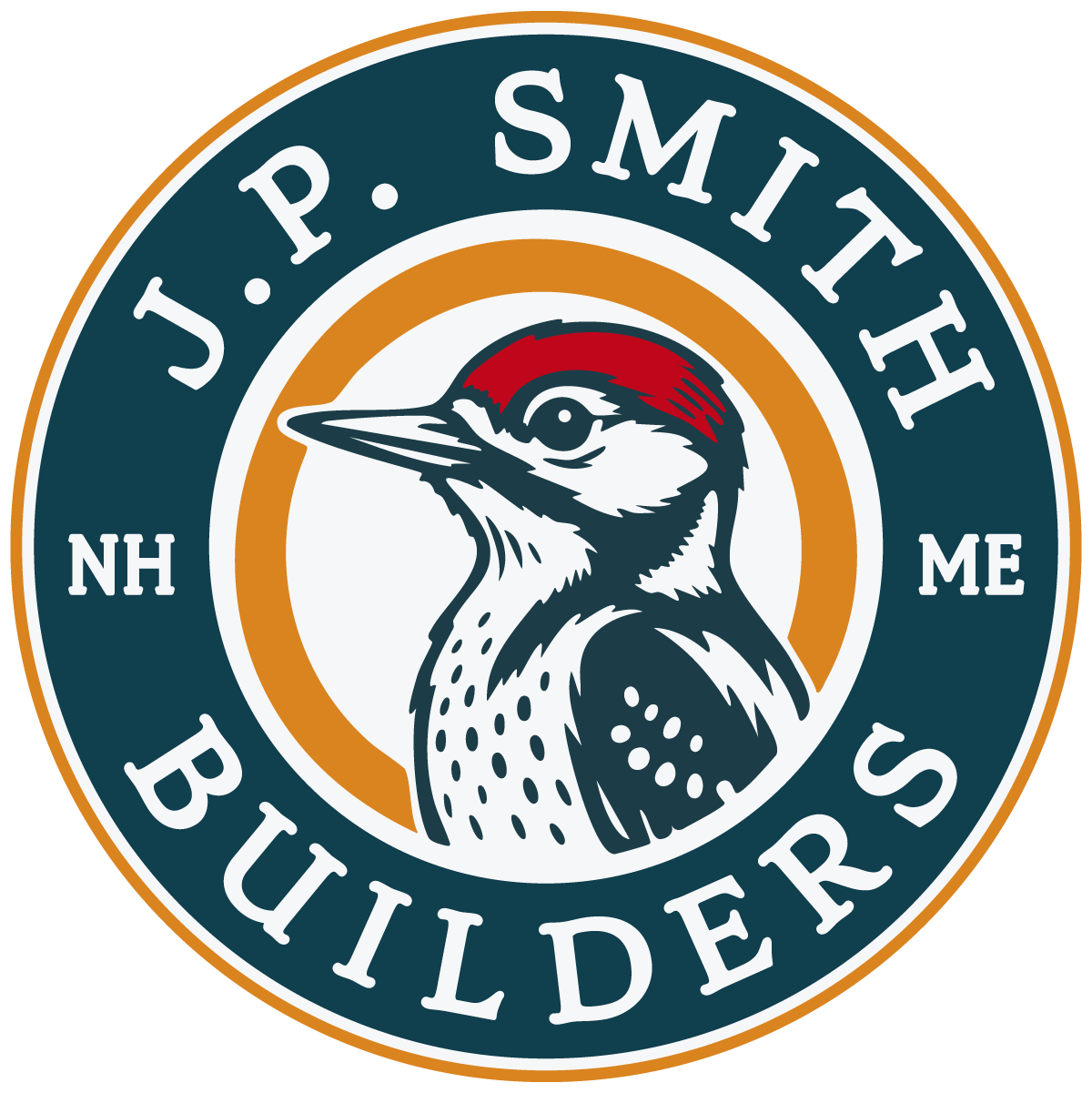 Logo of J.P. Smith Builders featuring a woodpecker bird in the center, with text around it including NH, ME, and the words 'J.P. Smith' and 'Builders'.