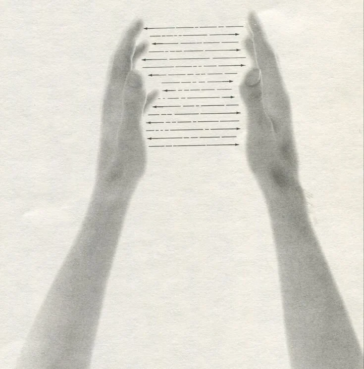 Two shadowed hands with palms open, positioned vertically on either side of a sheet of paper with multiple horizontal arrows pointing left and right, creating an optical illusion of movement.