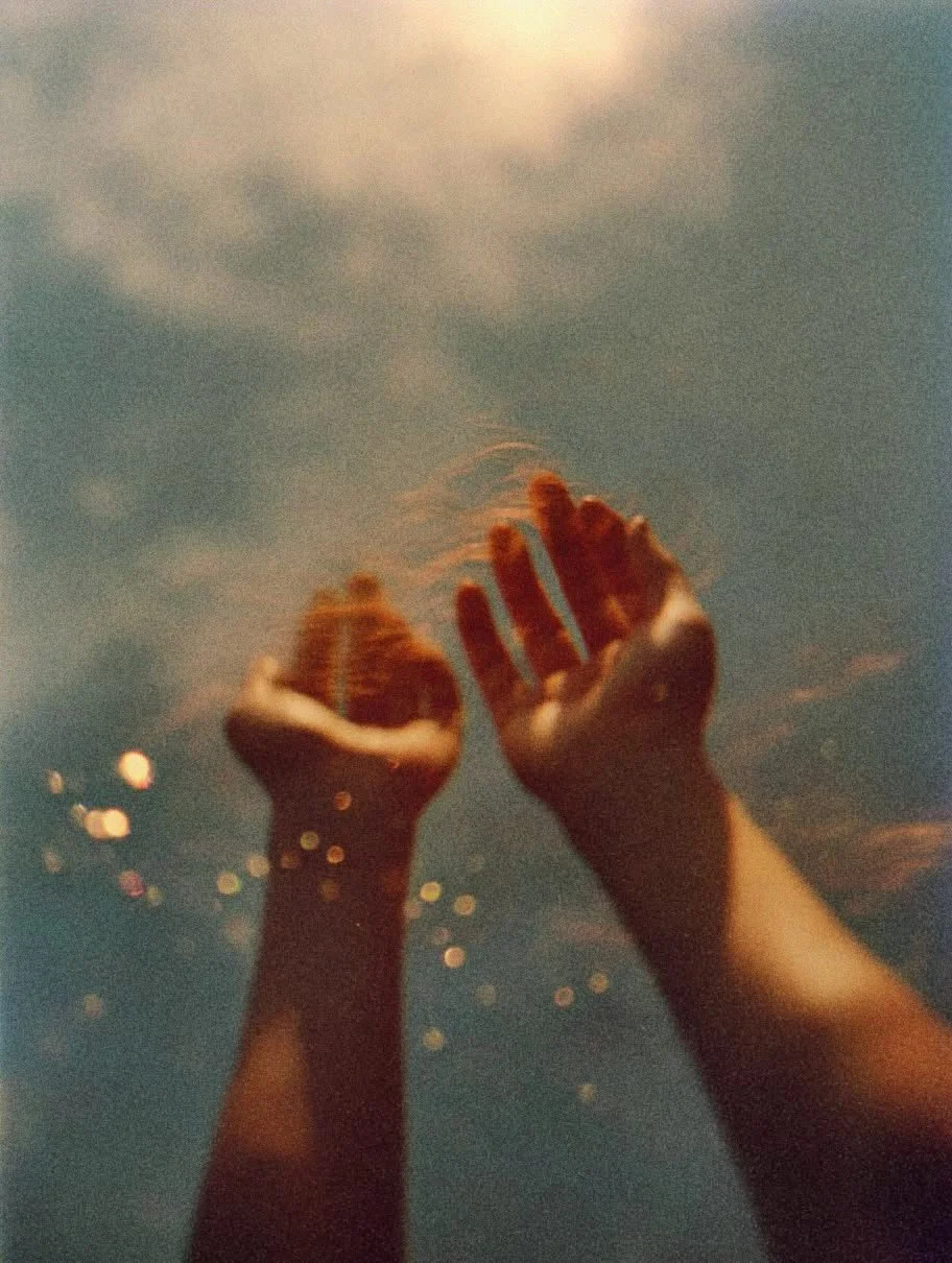 Two hands reaching upward underwater with blurry light reflections and water bubbles around.