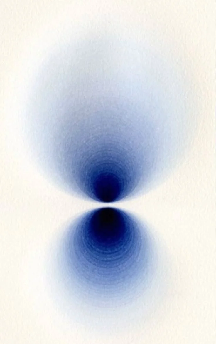 Digital illustration of a symmetrical pattern with a central black area, fading into blue, and lighter blue shading outward on both top and bottom, creating a tunnel or mirror-like effect.